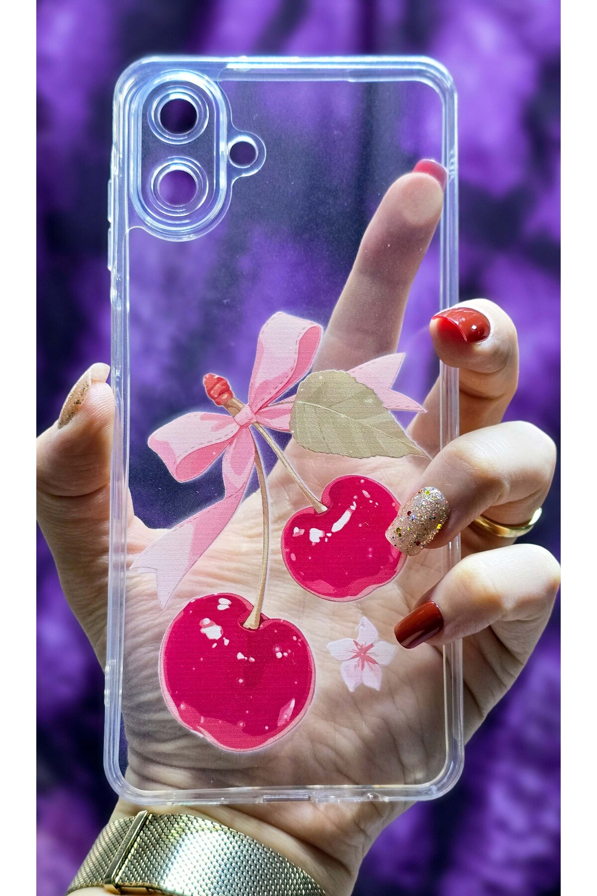 Transparent Silicone Phone Case with Samsung Galaxy A07 Compatible Cherry and Ribbon Pattern