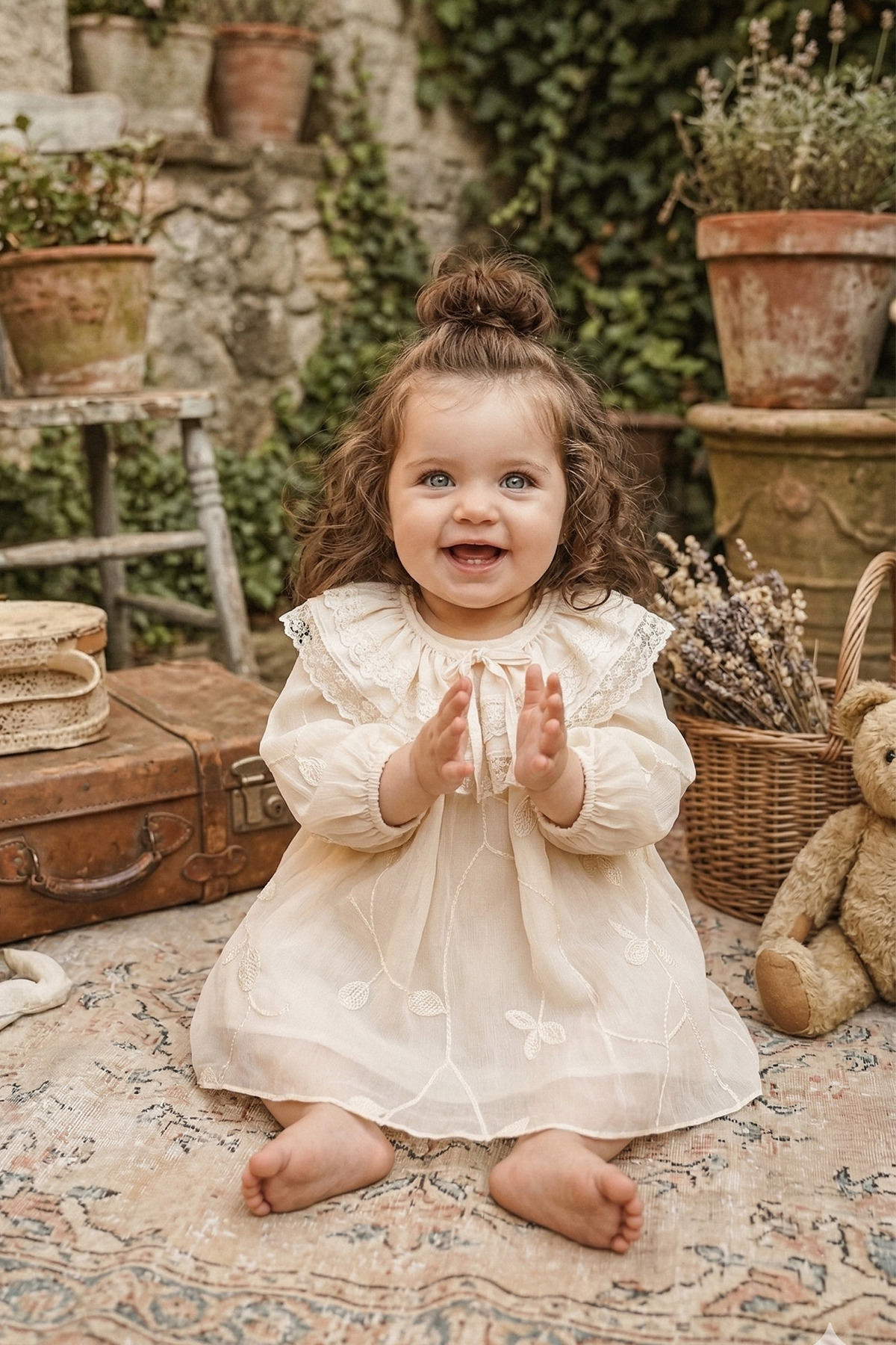 ALYRA Vintage Tarzı Krem Renkli Nakışlı Fiyonk Detaylı Uzun Kollu Bebek Elbisesi Özel Gün Elbise 9-24 Ay fotoğrafı 6 (önizleme)