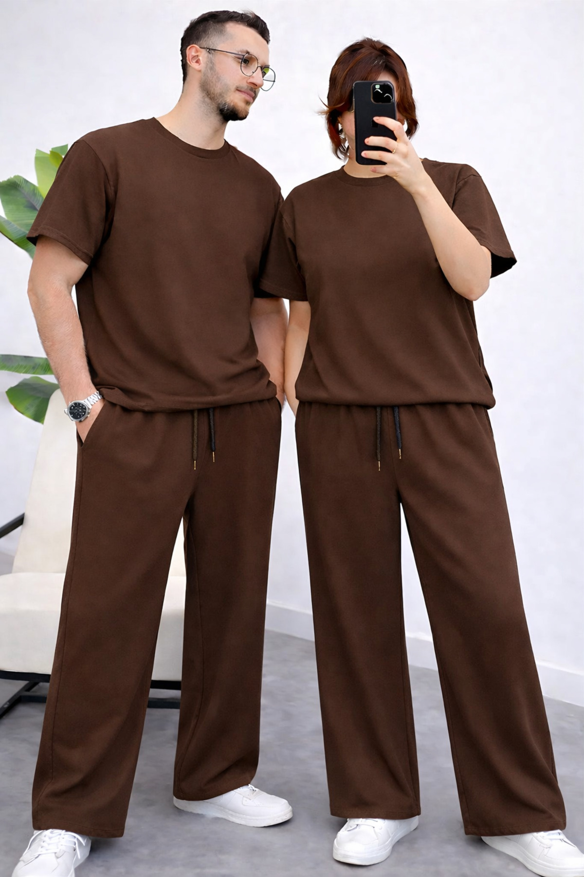 Çift Özel Erkek Kadın Kısa Kollu Eşofman Takımı (Tekli) Beli İplik Bol Paça — قهوه‌ای ETKPKİRUT