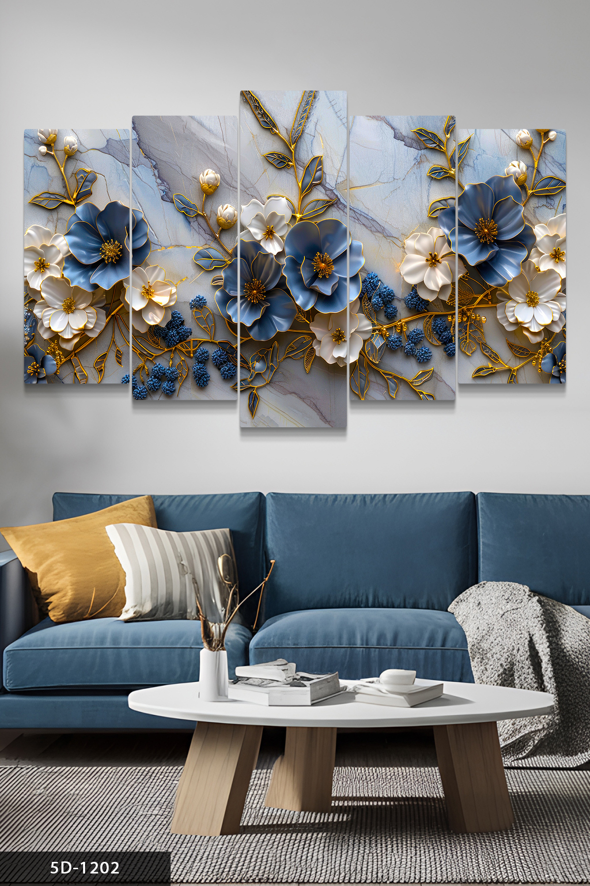 Blue White Flowers 5 Pieces mdf Table