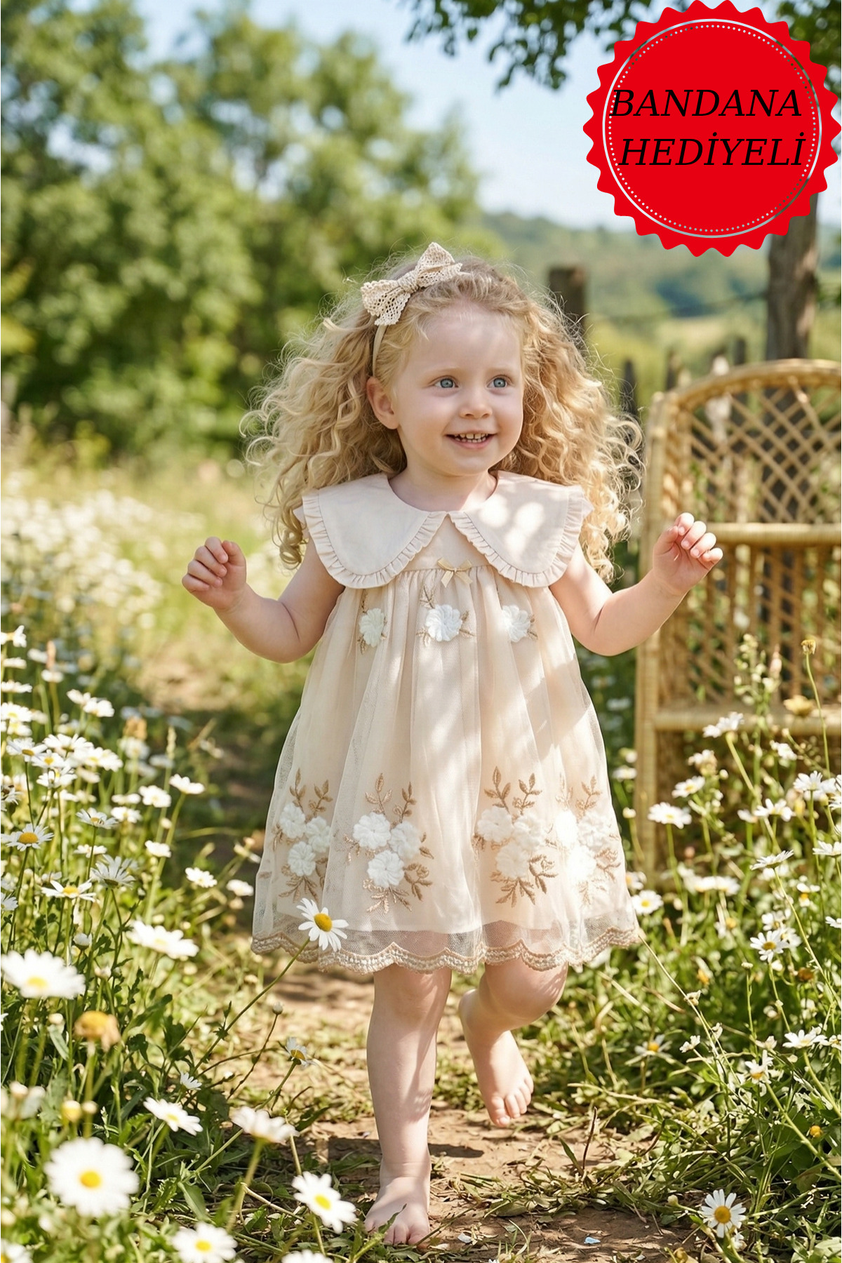 ALYRA Kız Bebek Elbise Kısa Kollu Bebe Yaka Vintage Çiçekli Doğum Günü Özel gün Parti Günlük Elbise fotoğrafı 5 (önizleme)