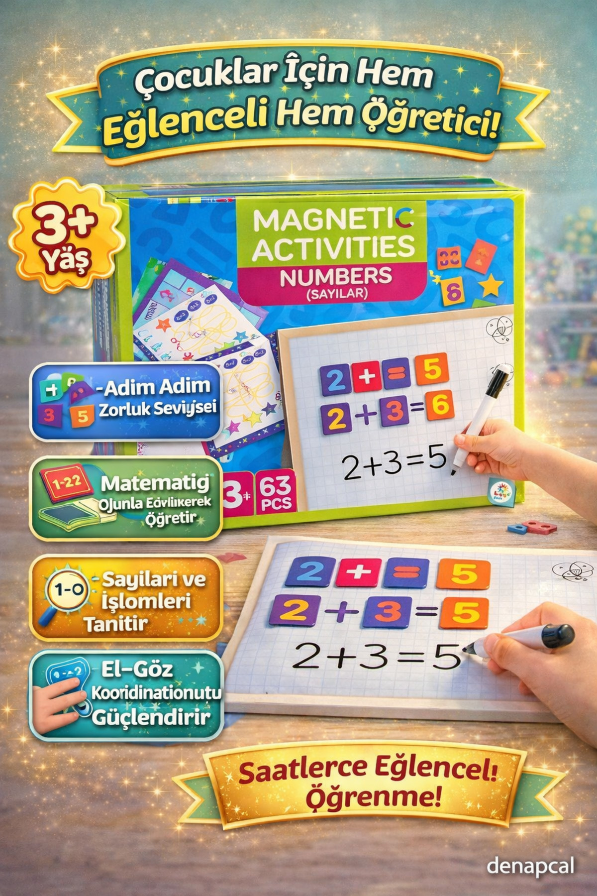 DENAPCAL Manyetik Bloklar Sayılarla Aktivite Seti Eğitici Matematik Oyunu Yazı Tahtalı 63 Parça 3 Yaş+ fotoğrafı 2 (önizleme)