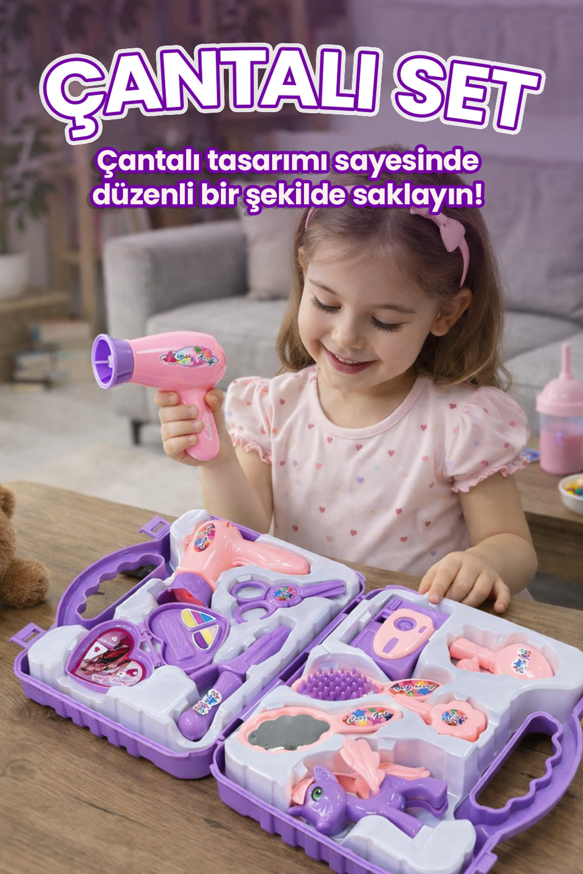 M&H Çantalı Güzellik Seti Oyuncak – 10 Parça Kuaför & Makyaj Seti