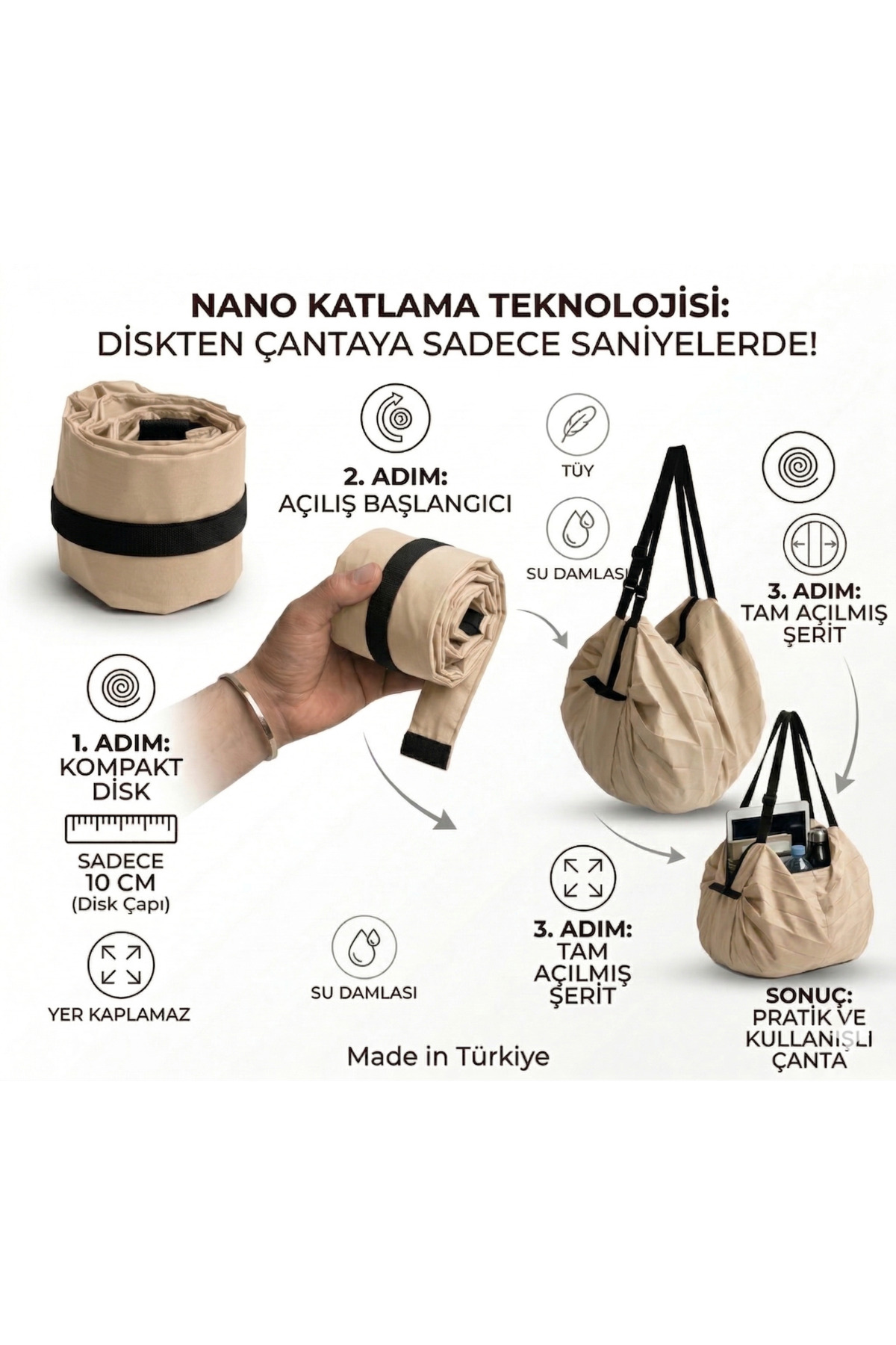 BROCARD Katlanabilir Akordeon Çanta - 2'si 1 Arada Büzgülü Sırt Ve Omuz Çantası Spor Seyahat Alışveriş görsel 4