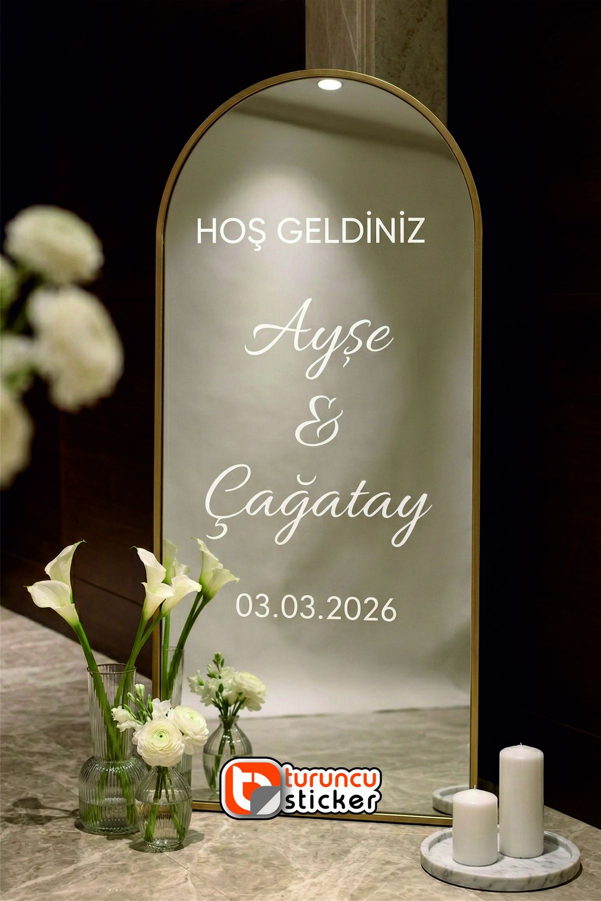 Kişiye Özel Ayna Yazısı Sticker Beyaz – Düğün/Nişan/Kına/Söz/Doğum Günü (Ayna Yoktur)
