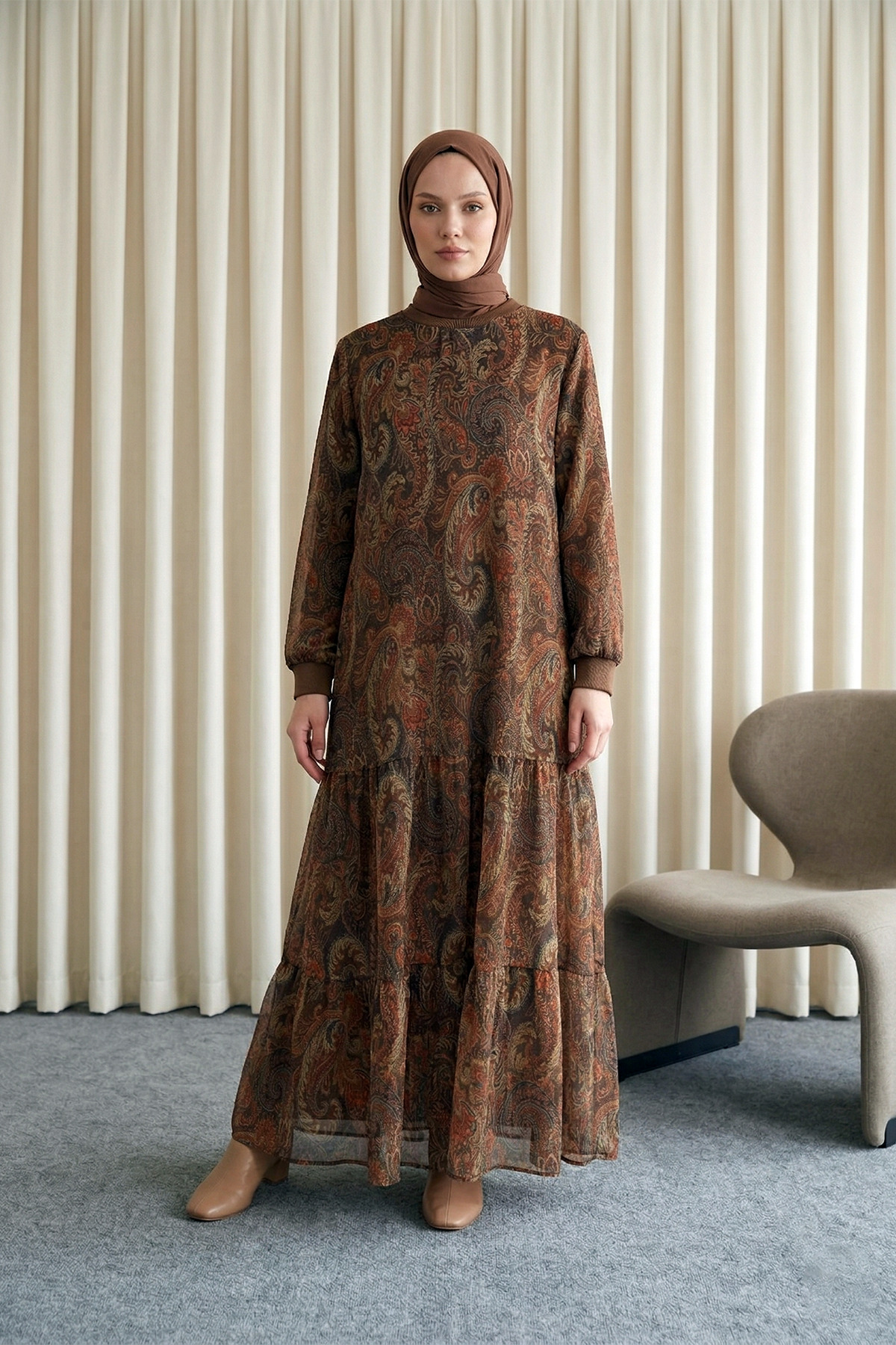 Authentic Pattern Lined Chiffon Dress - Light Brown