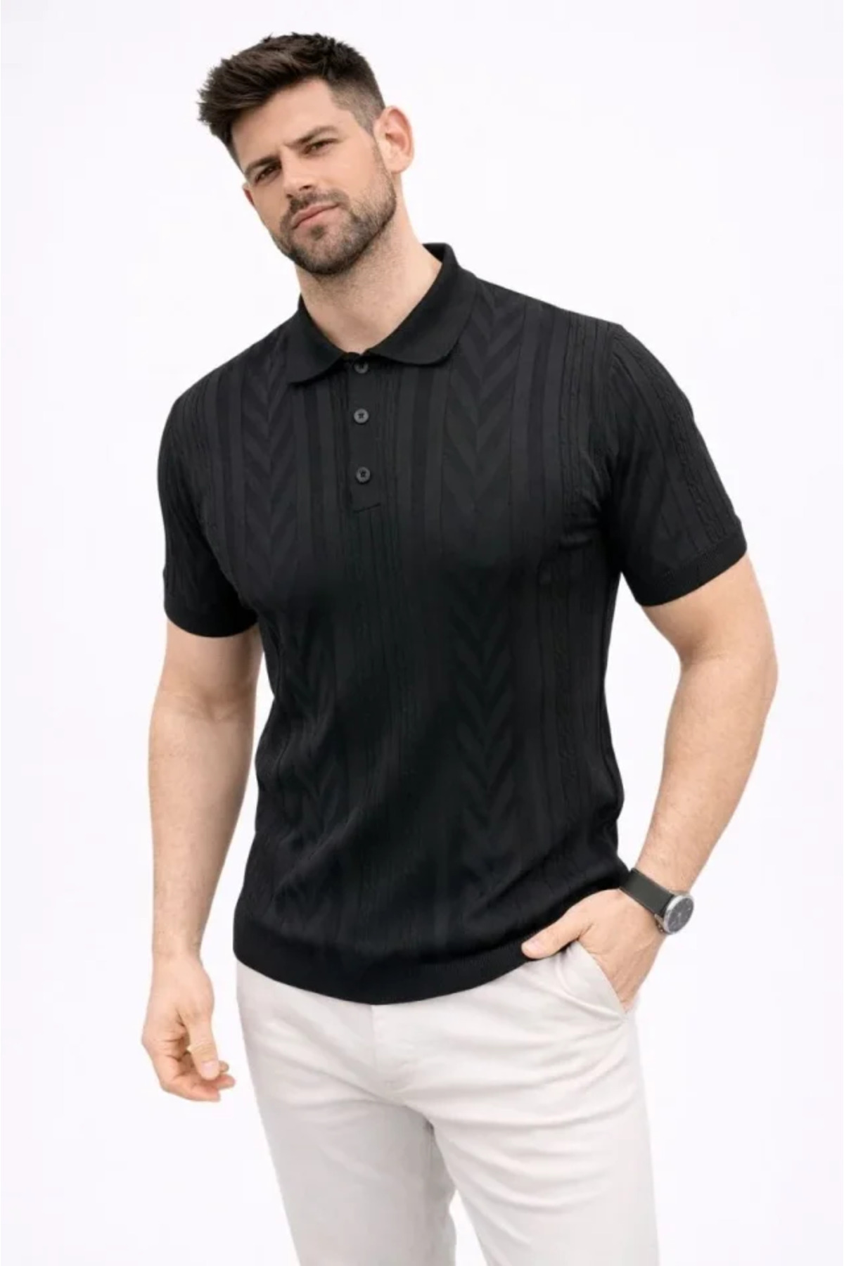 Erkek Yazlık Triko Tişört Kısa Kol Polo Yaka Düğmeli T-Shirt - Siyah