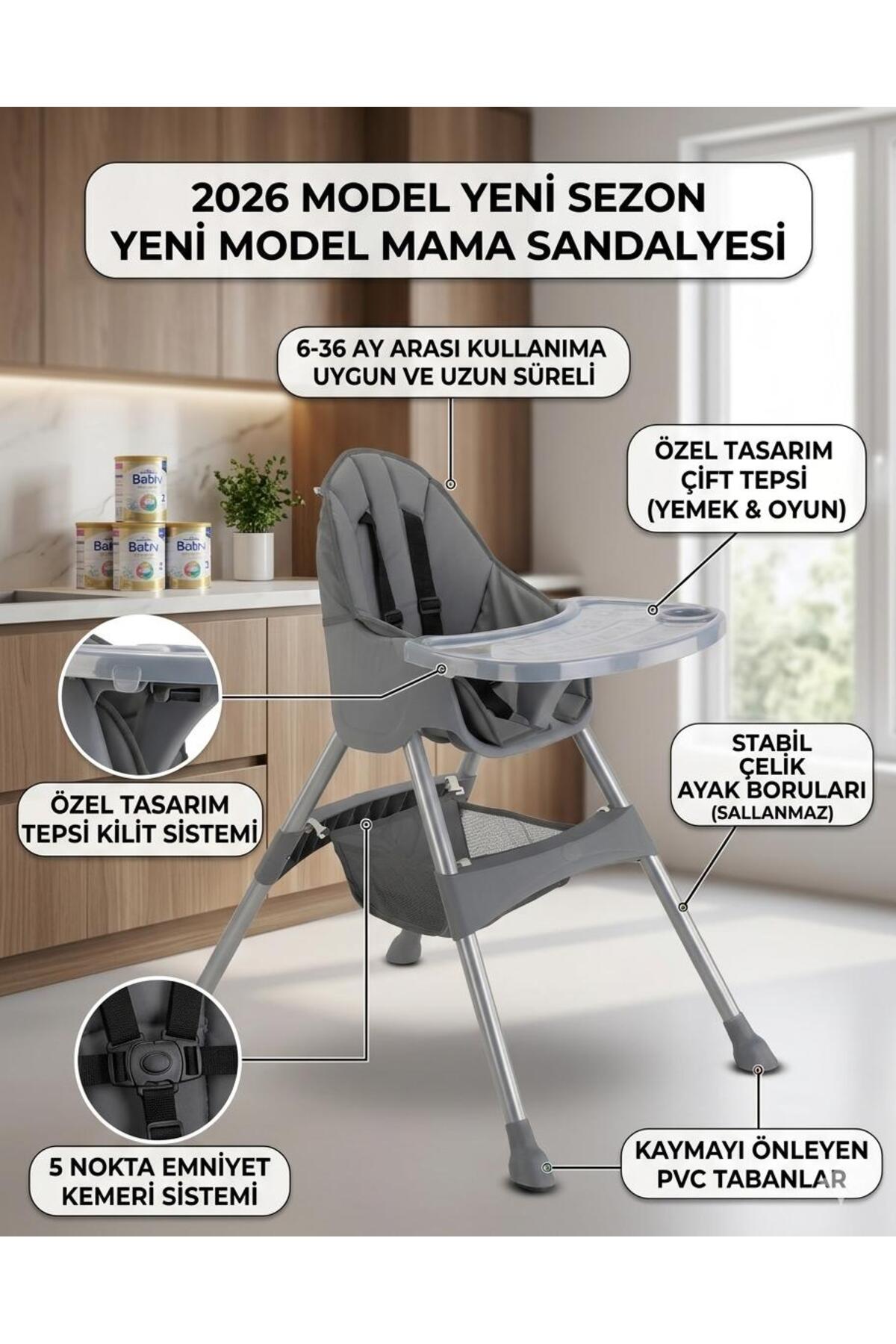 ÖYKÜ BEBEK DUNYASI Yeni Model Yeni Sezon Çift Tepsili Yıkanabilir Kumaş Kaymaz Taban Mama Sandalyesi