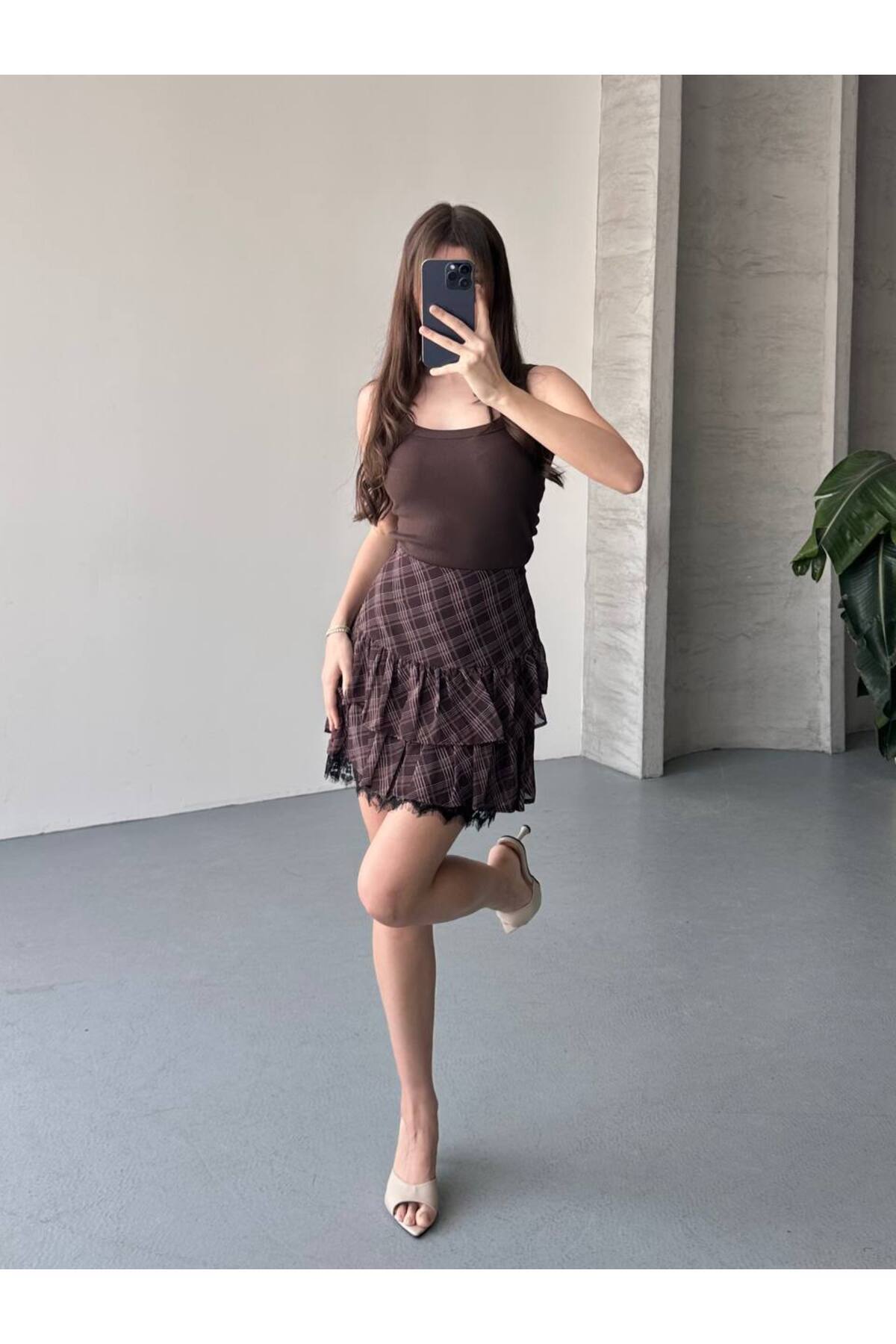 İLKCET MODA Pitikare Kahve Desenli Şifon Katlı Kadın Mini Etek görsel 6