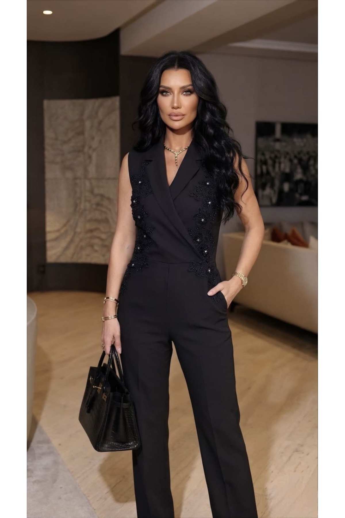 Imported Crepe Fabric Pearl Embroidered Lined Special Design Sleeveless Jumpsuit Dress