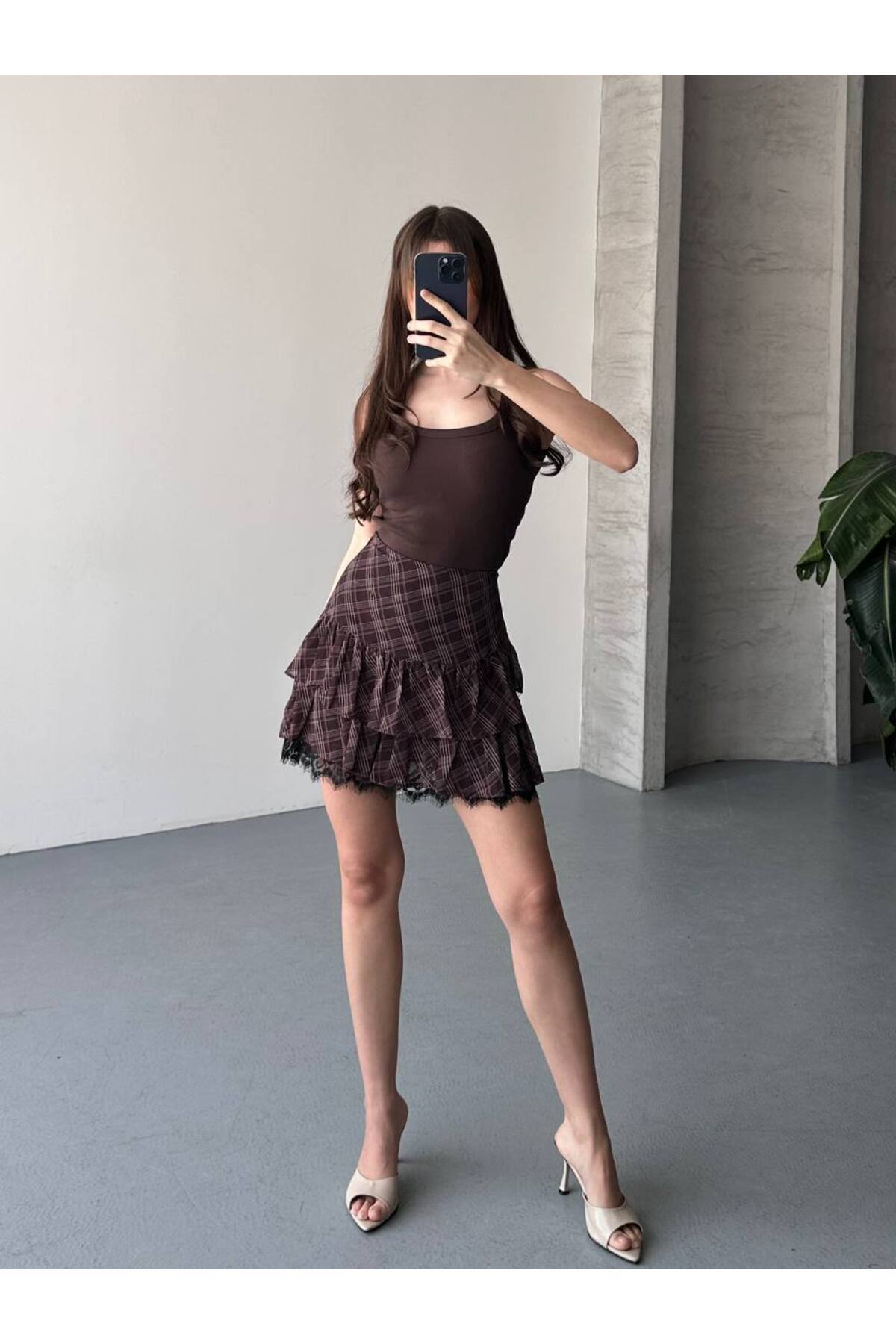 İLKCET MODA Pitikare Kahve Desenli Şifon Katlı Kadın Mini Etek görsel 8
