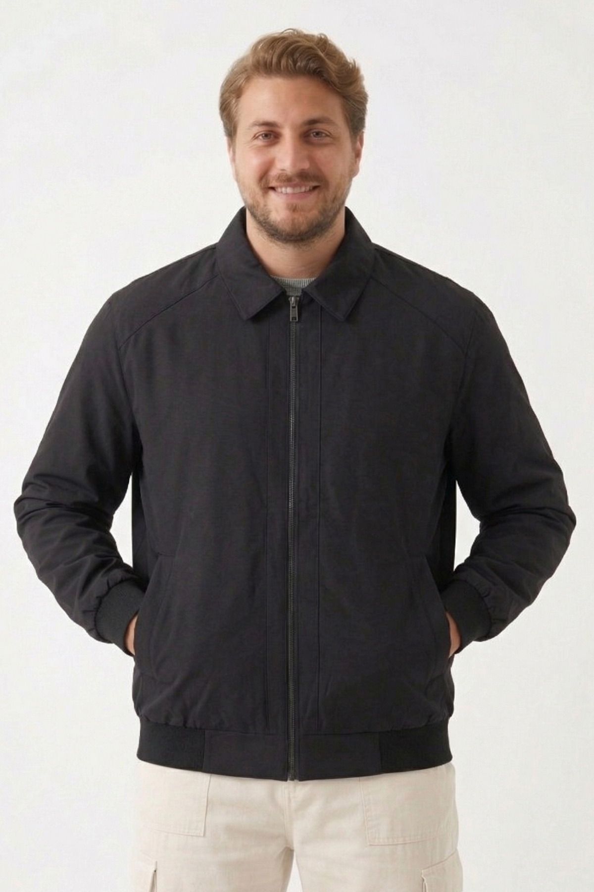 freemen  Erkek Siyah Dik Yaka Fermuarlı Basic Bomber Mont -Büyük Beden Aralığı-