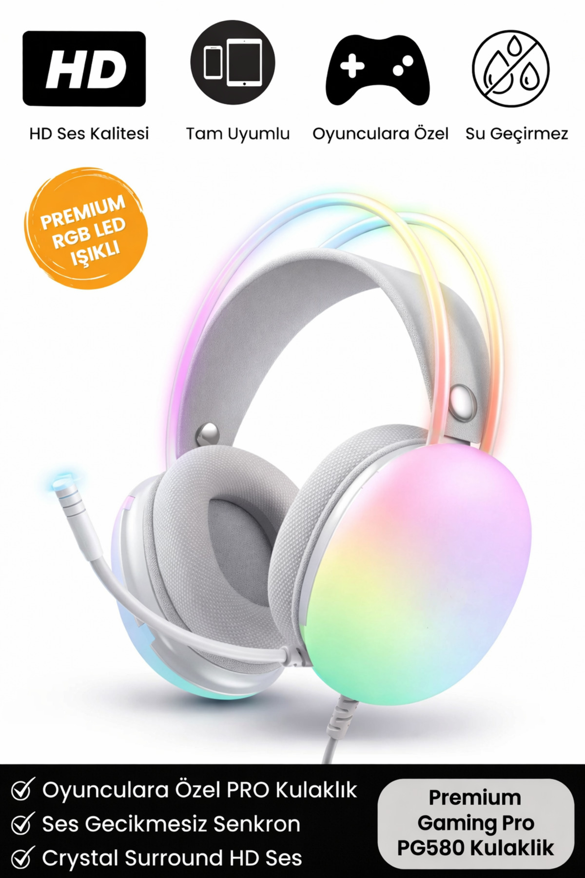 PG 580 Pro Gaming Premium Mikrofonlu RGB LED Işıklı 5.3 Bluetooth Kablosuz Kafa Üstü Oyuncu Kulaklık