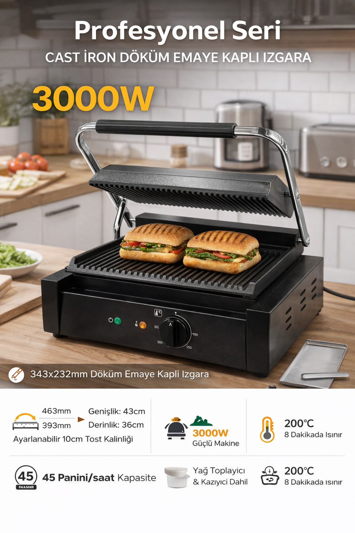 Binbirreyon Professional Tost Makinesi Döküm Izgaralı 3000W 34X23cm Kantin Tost NA009