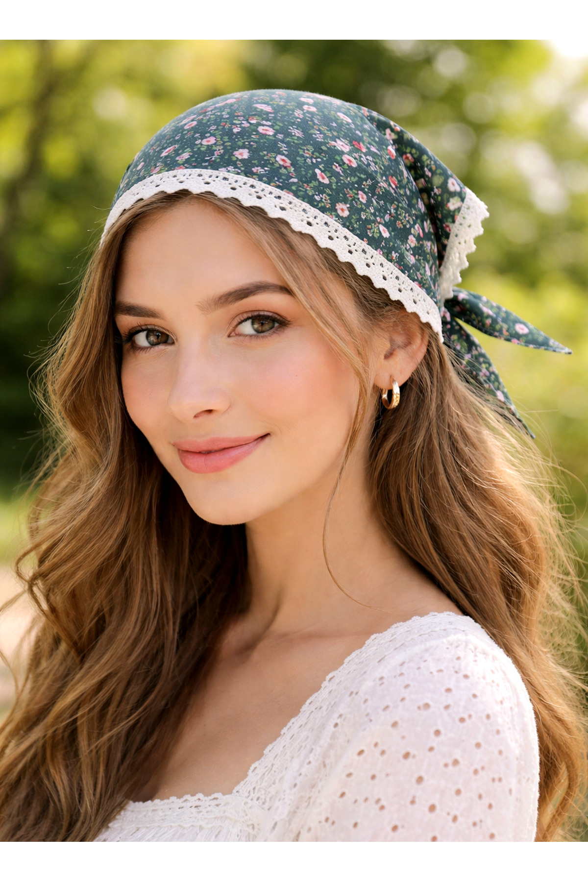 Lace Detailed Flower Patterned Cotton Bandana – Women's Hair Band with Laces/ Vintage & Bohemian Style