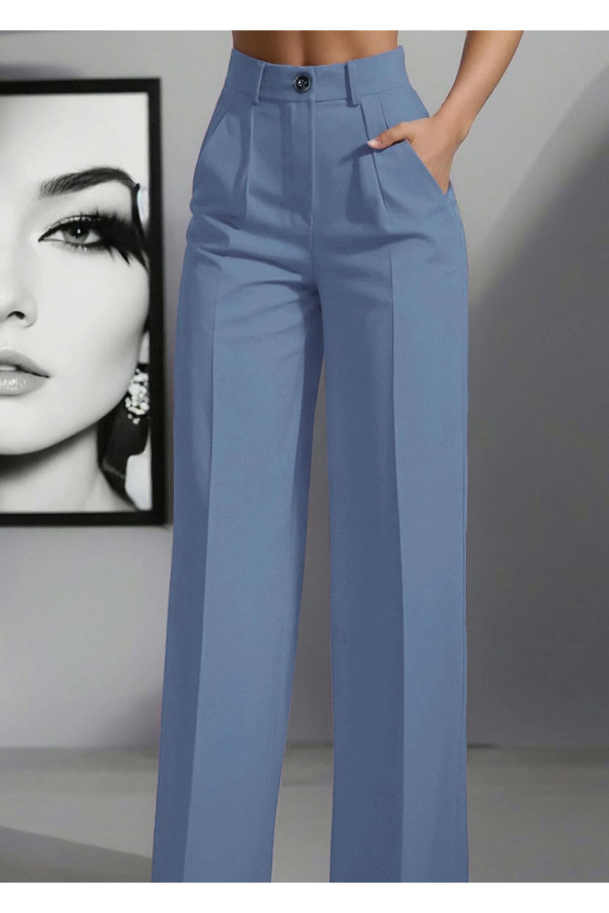 Hera Moda Women's Blue High Waist Pleated Loose Cut Pants