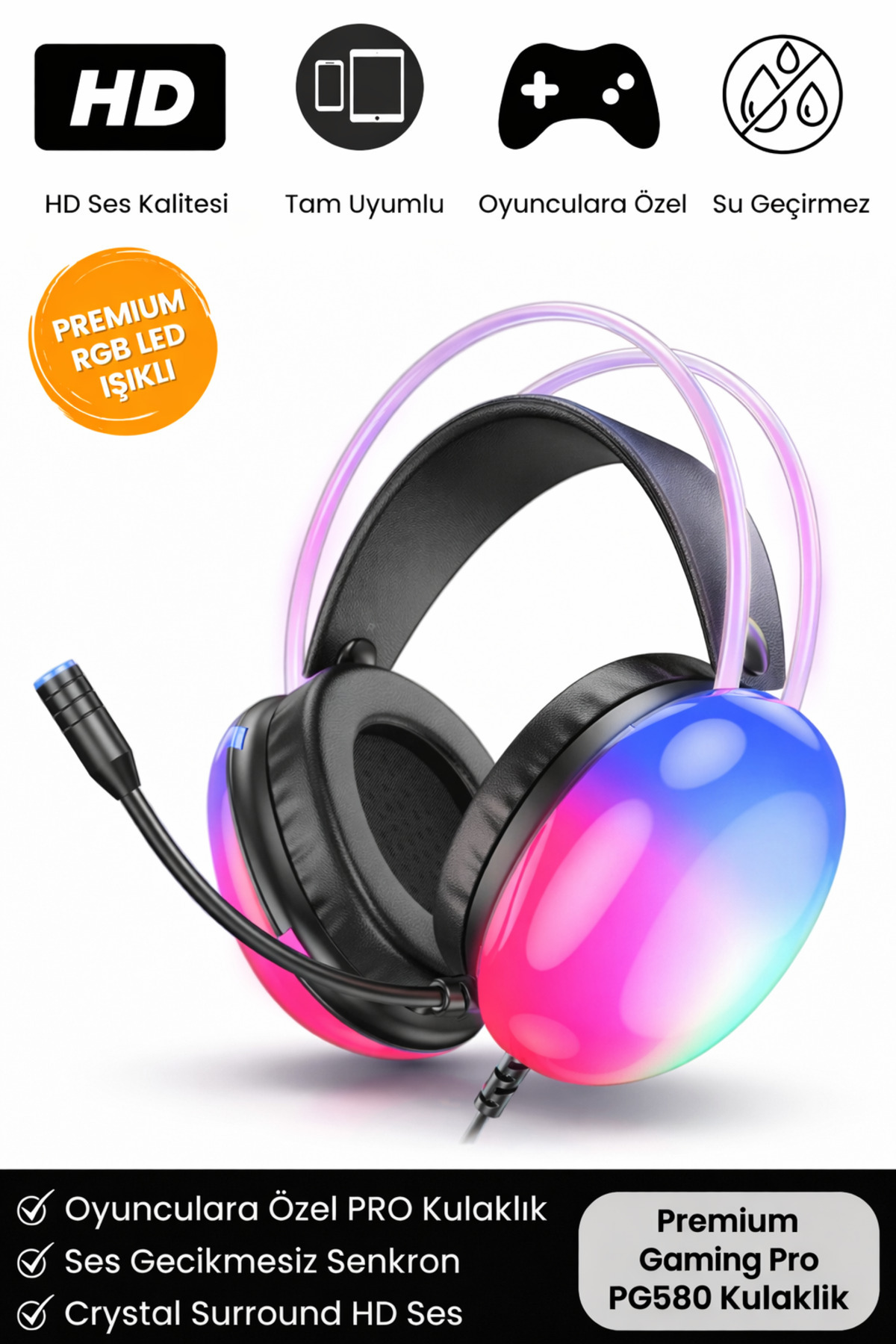 PG 580 Pro Gaming Premium Mikrofonlu RGB LED Işıklı 5.3 Bluetooth Kablosuz Kafa Üstü Oyuncu Kulaklık