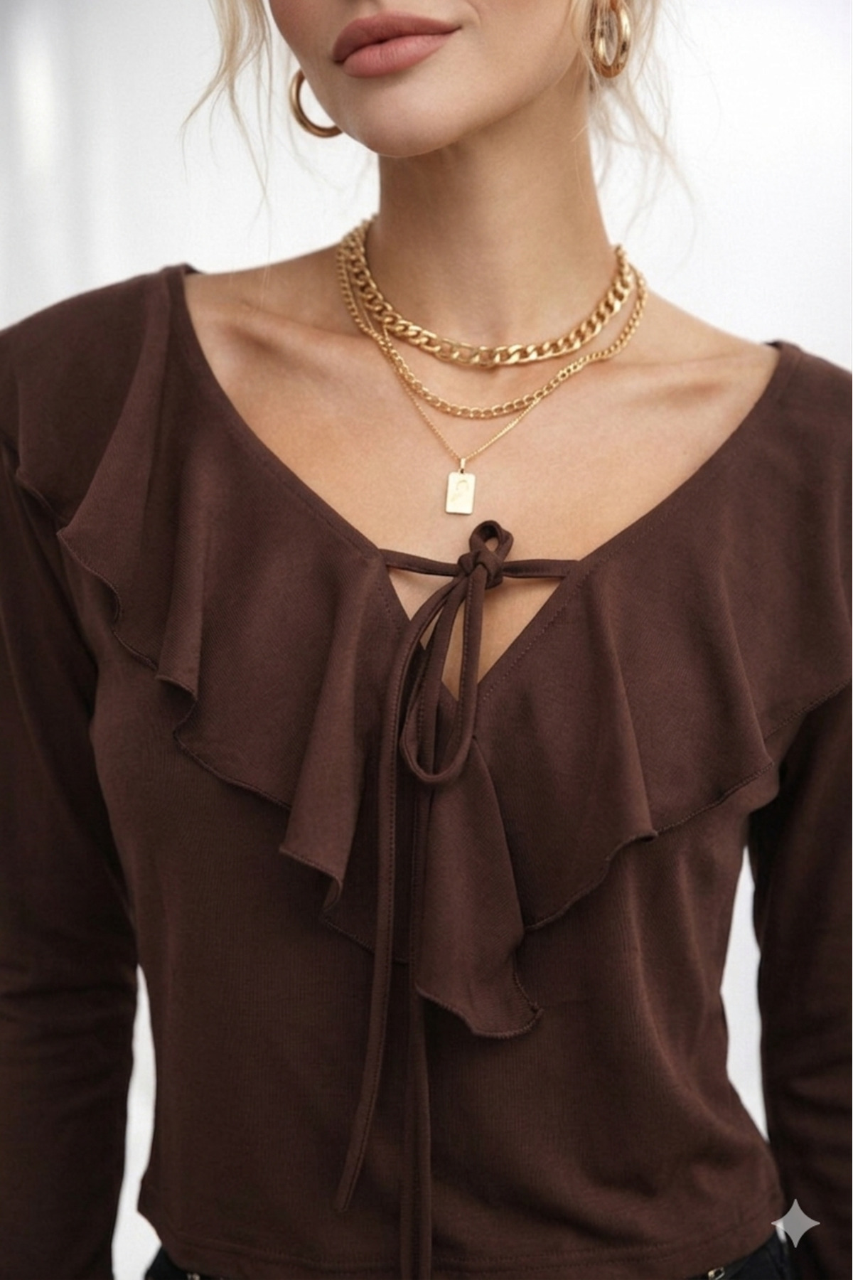 ribana  Kadın V Yaka Fırfır Detaylı Uzun Kollu Crop Trend Bluz 979 - Görsel 2