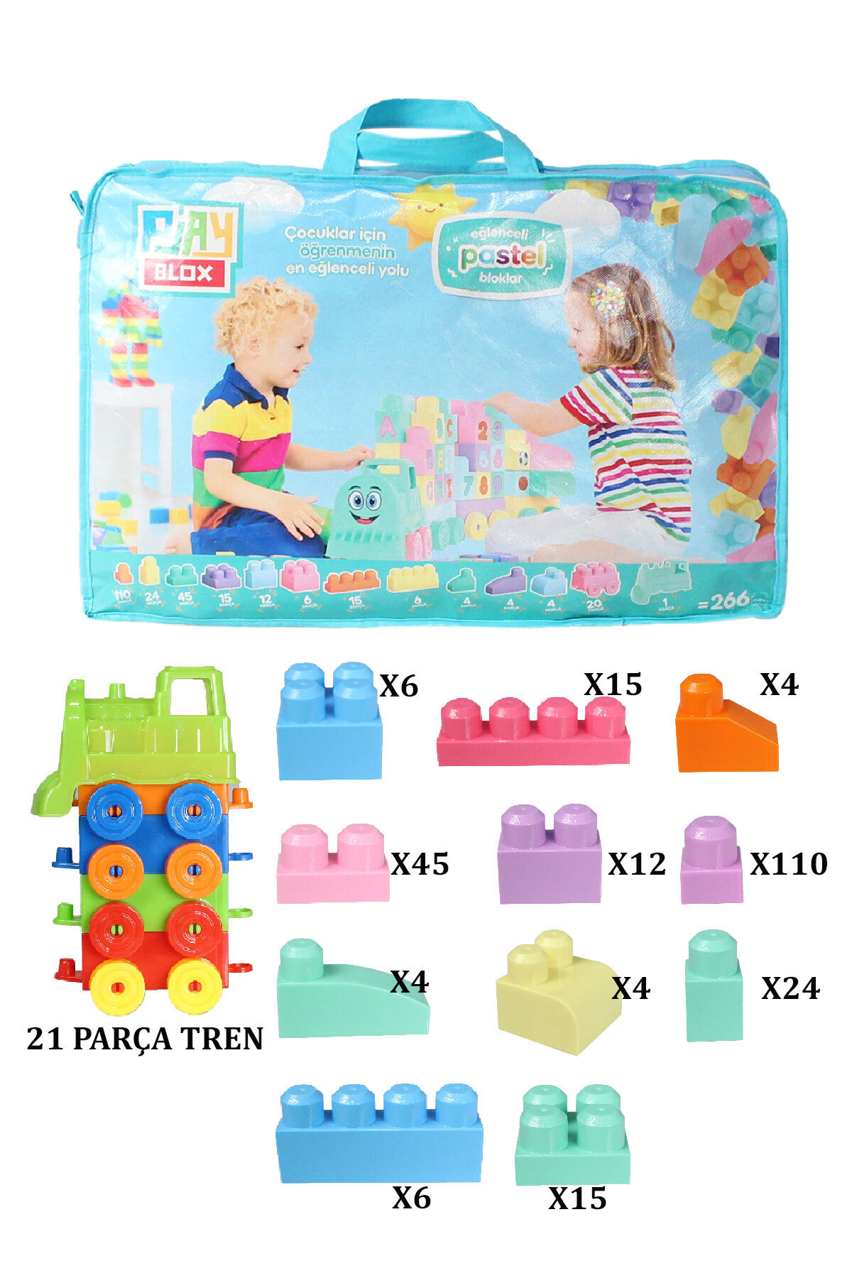 Asya Oyuncak Play Blox Yapı Oyuncakları 3035 Pastel Renkler Mega Blok Tren Seti 266 Parça Çantalı fotoğrafı 2 (önizleme)