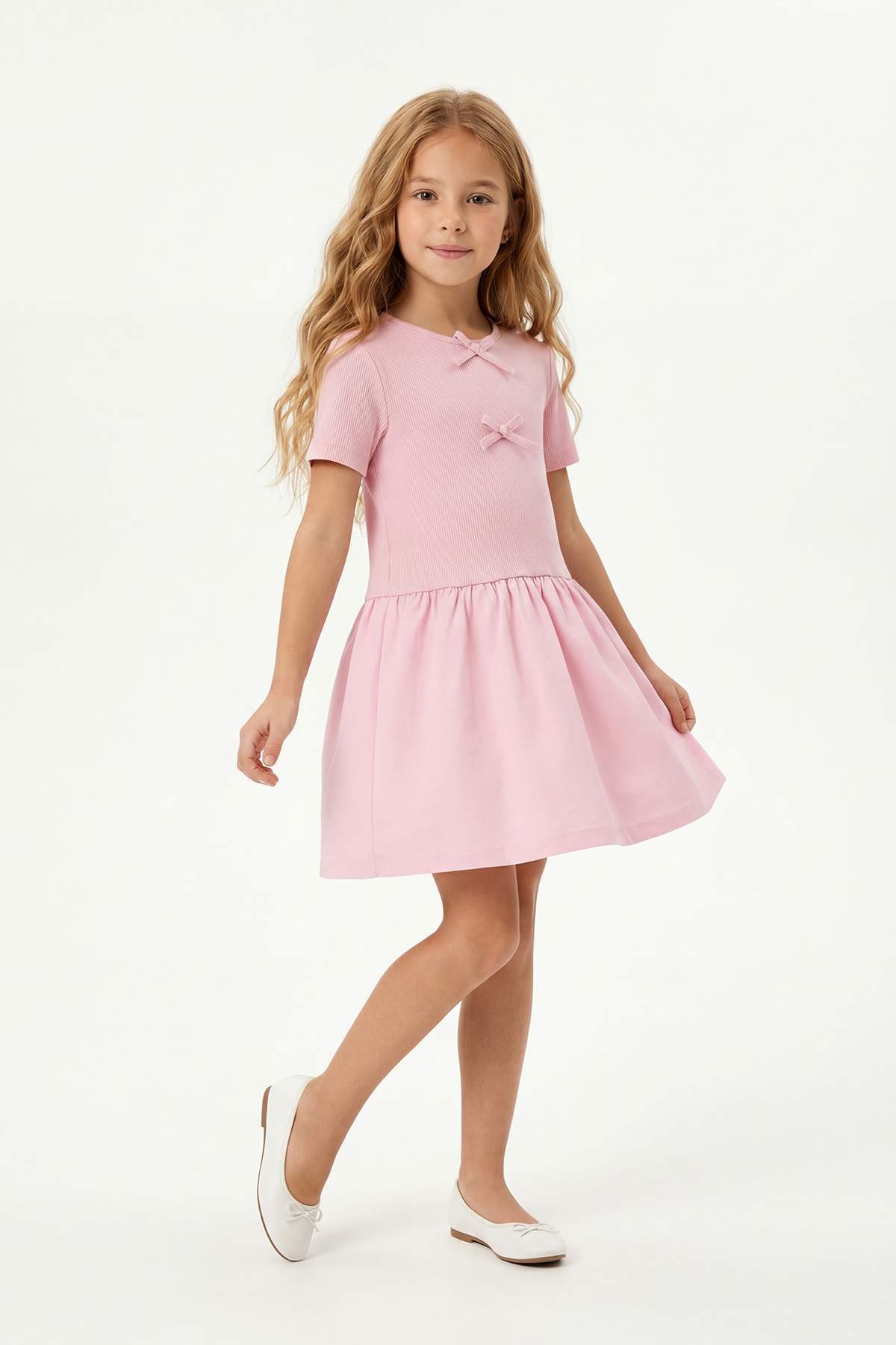 Trendyolmilla Kids Pembe Kız Çocuk Kısa / Mini Fiyonk Detaylı Düz Örme Elbise TKDSS26EL00014