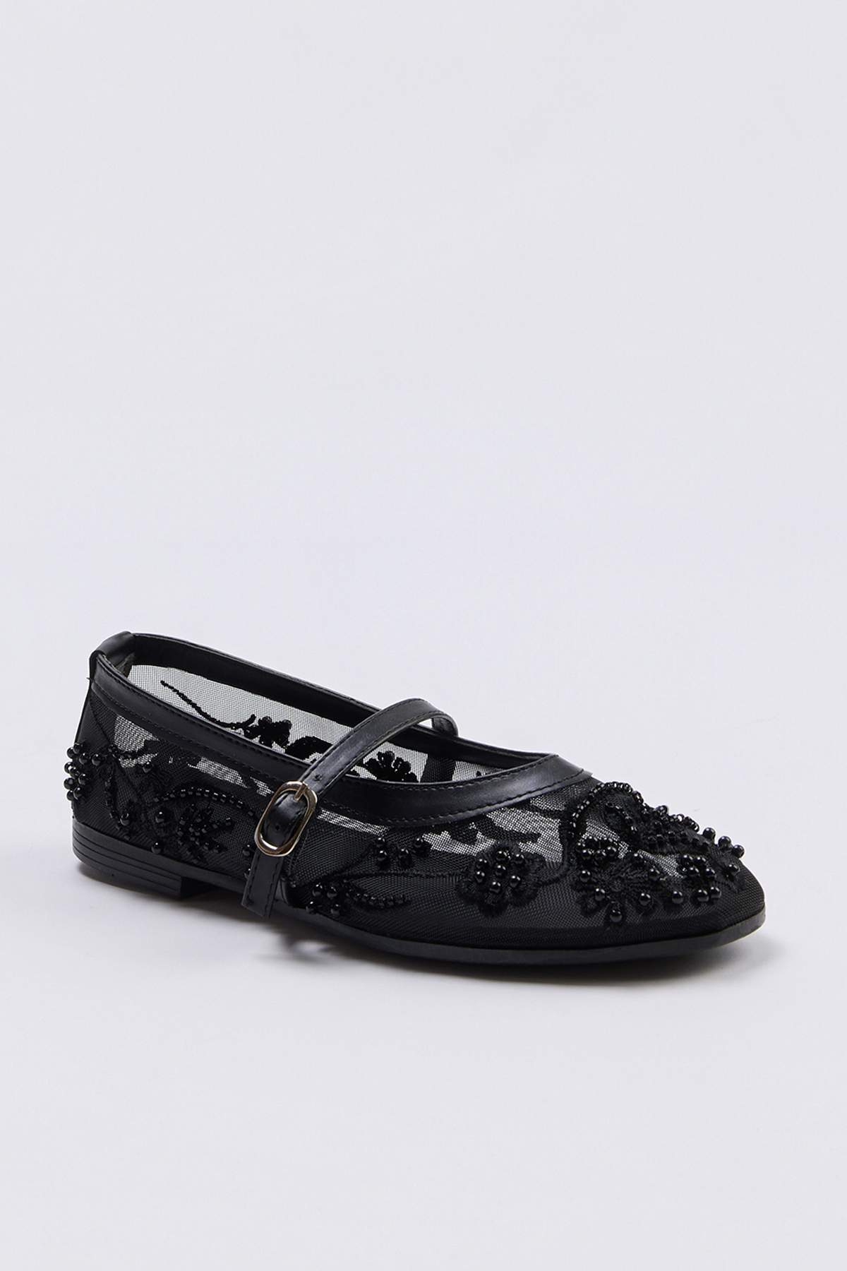 TRENDYOL SHOES Schwarze Mary Jane Ballerinas für Damen mit Perlenstickerei-De...