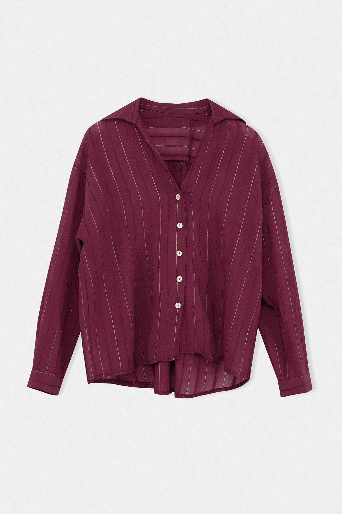 Trendyolmilla  Bordo V Yaka Oversize Altın Varak Simli Trans Gömlek TDRSS26GO00046