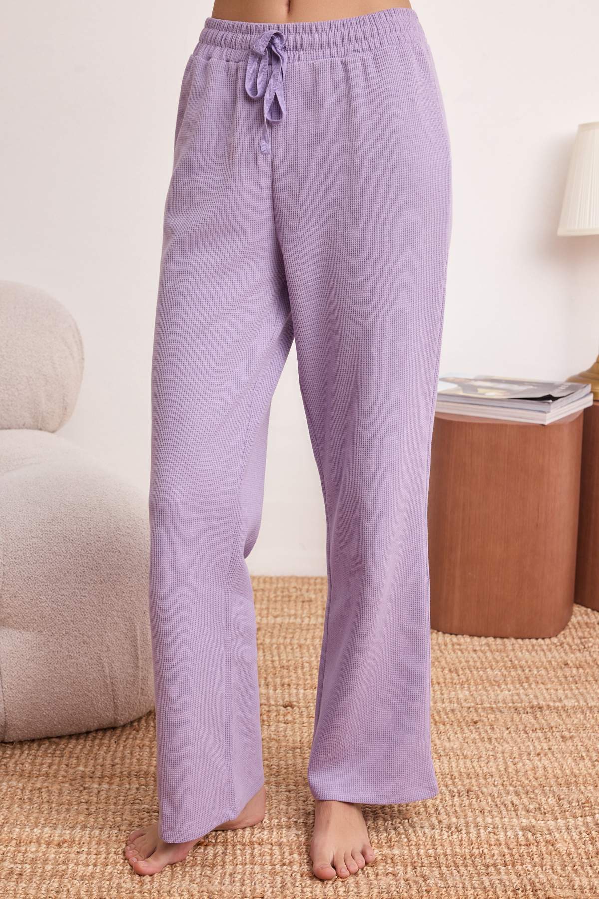 Trendyolmilla  Lila Bel Bağlama Detaylı Waffle Örme Pijama Takımı THMAW26PT00050 - Görsel 3