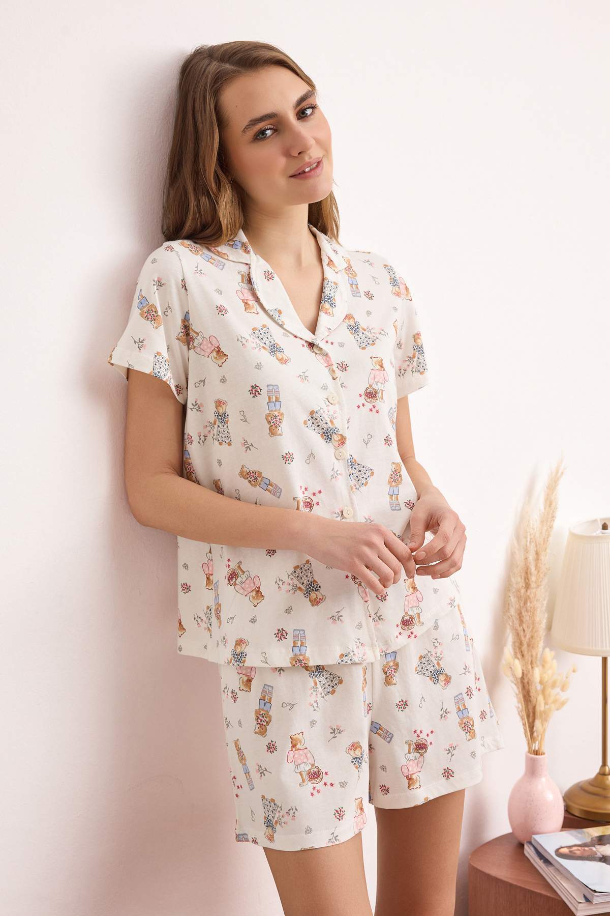 Trendyolmilla  Beyaz-Çok Renkli %100 Pamuklu Ayıcık Desenli Örme Pijama Takımı THMSS26PT00110 - Görsel 2