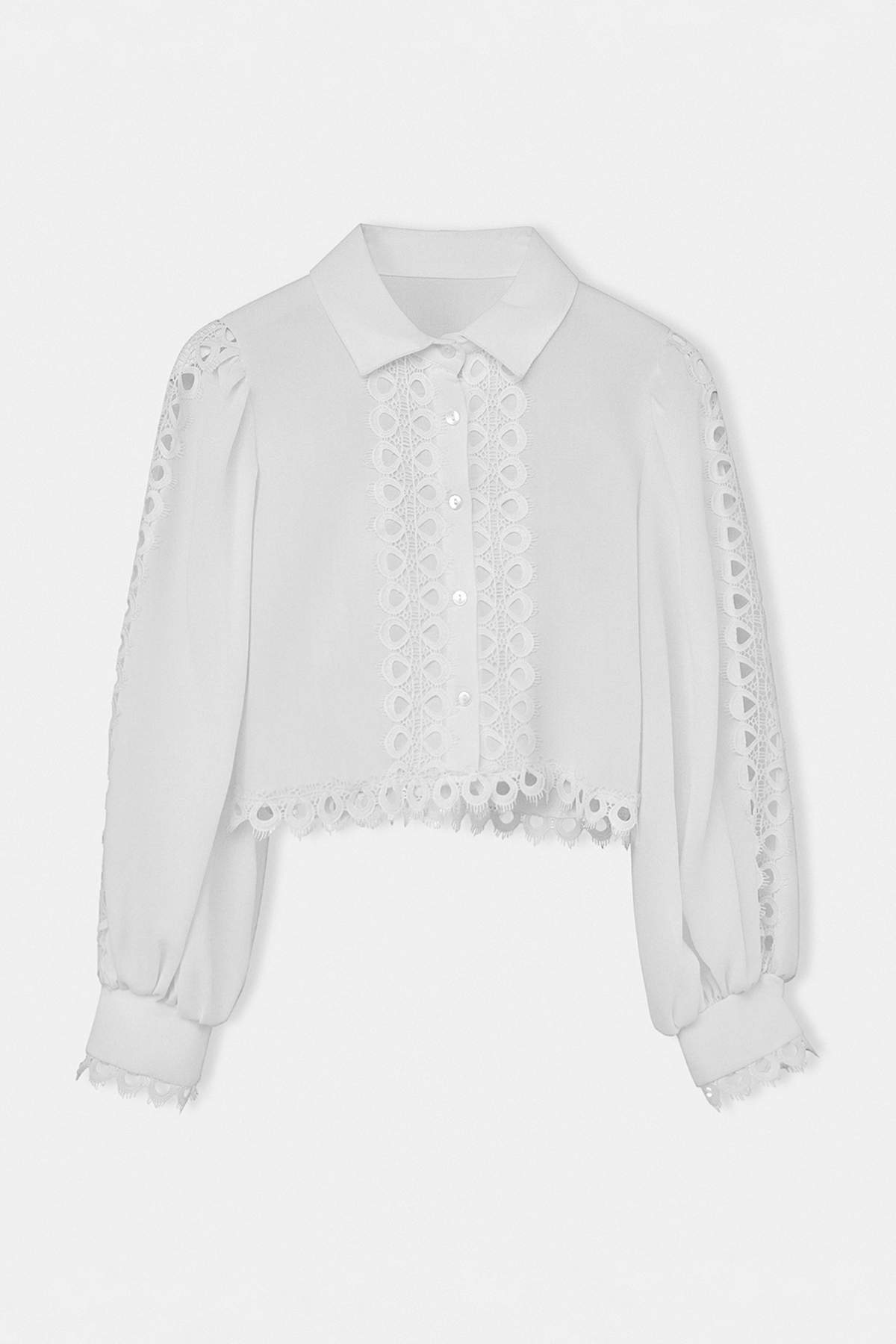 Trendyolmilla  Beyaz Dantel Detaylı Crop Balon Kol Keten Gömlek TDRSS26GO00050