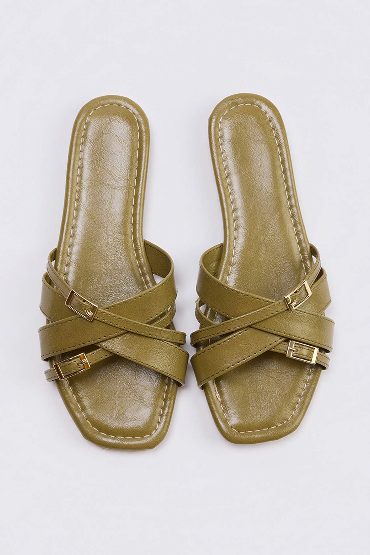 Mo Wax ties Overdue 2000枚限定盤 Trendyolmilla Shoes Yağ Yeşili Çapraz Bant Detaylı Kadın Terlik
