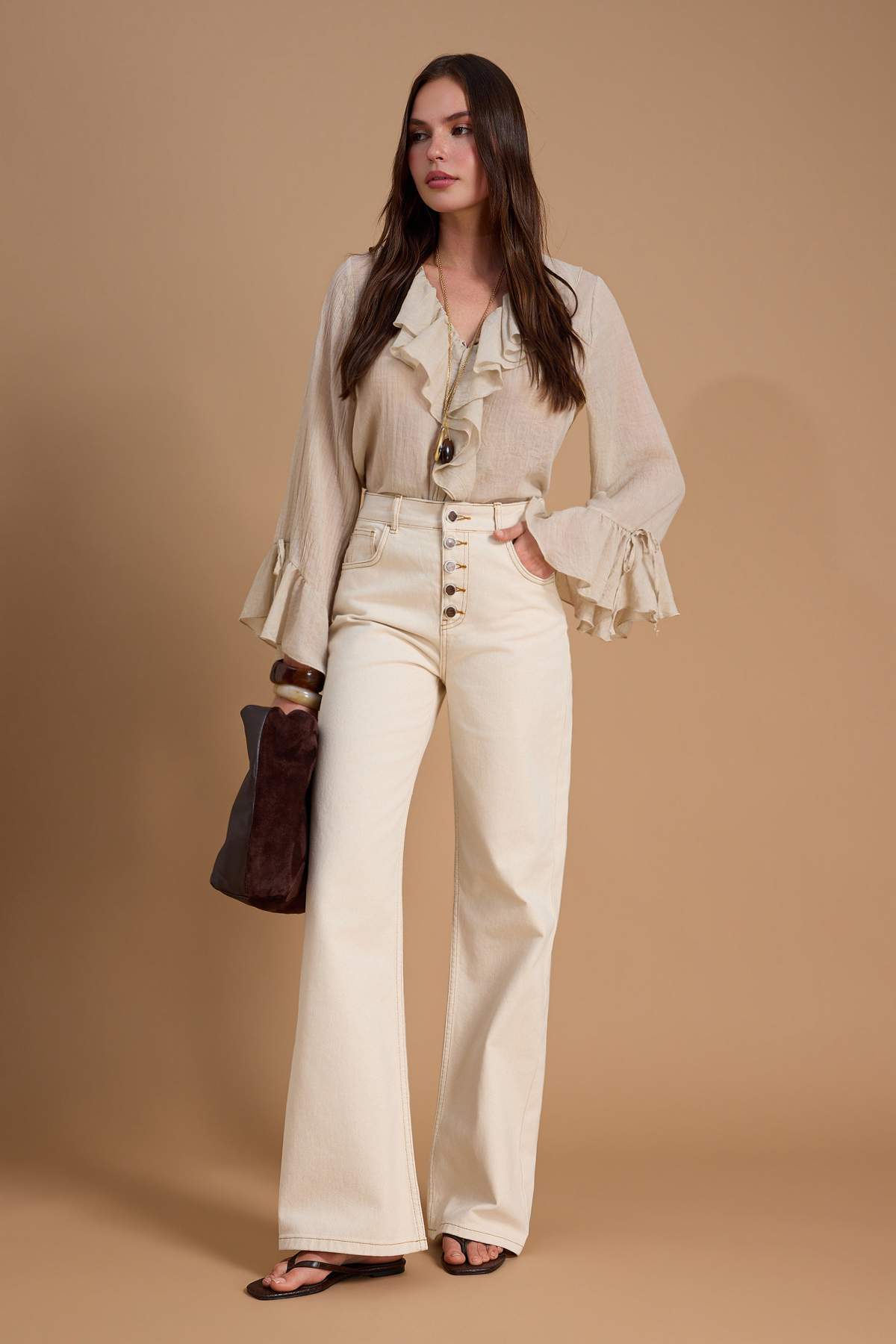 Trendyolmilla  Ekru Yüksek Bel Straight/Düz Kesim %100 Pamuklu Jeans TWOSS26JE00183 - Görsel 2