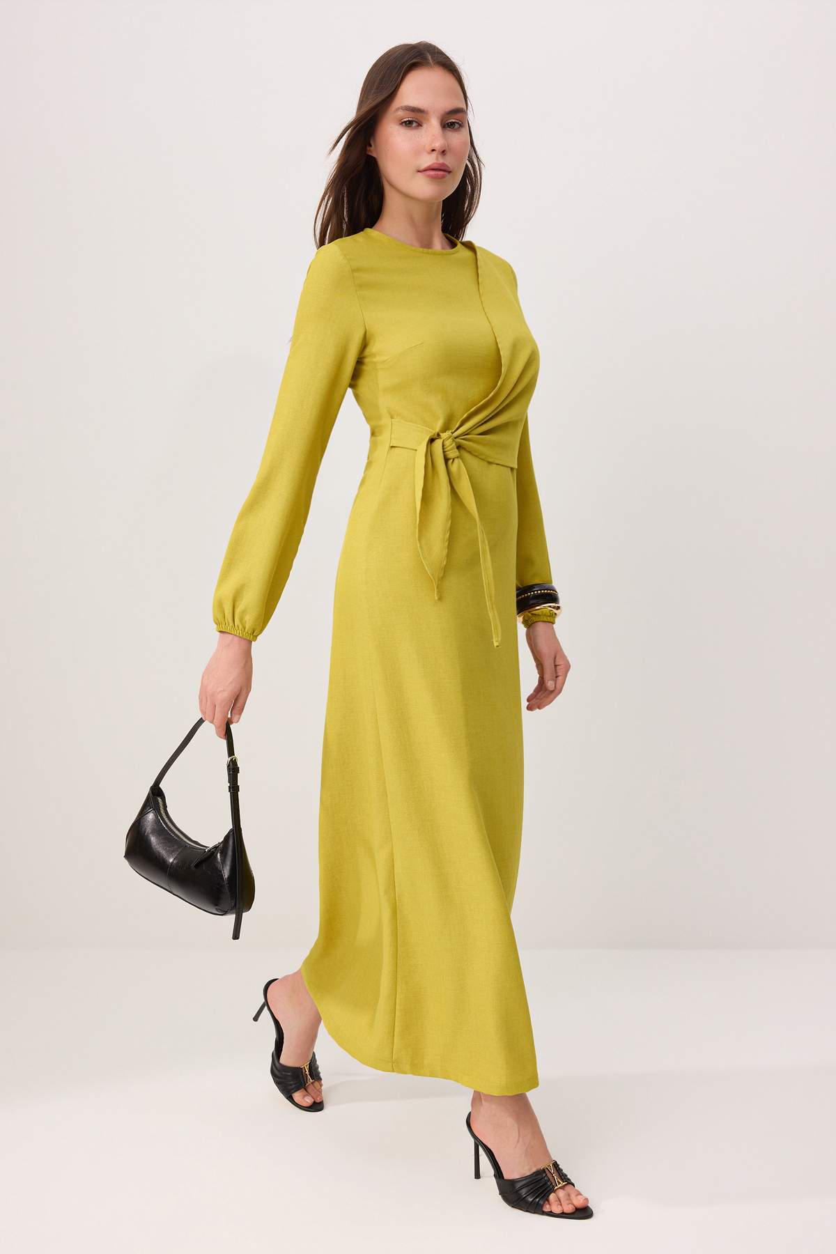 Trendyolmilla Modest Yağ Yeşili Keten Görünümlü Dokuma Elbise TCTSS25EB00129
