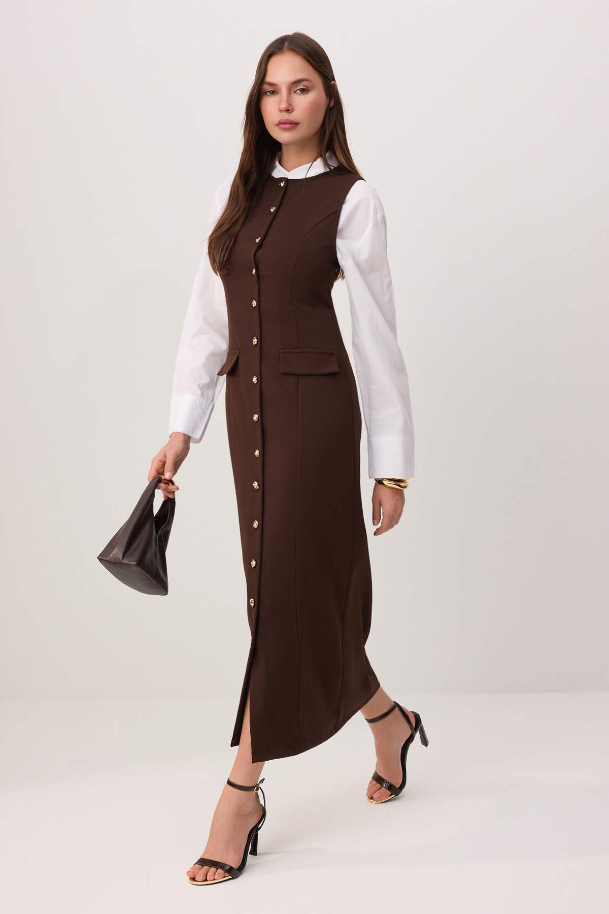 Trendyolmilla Modest Kahverengi Astarsız Gömlek Detaylı Finike Tesettür Elbise TCTAW26EB00019