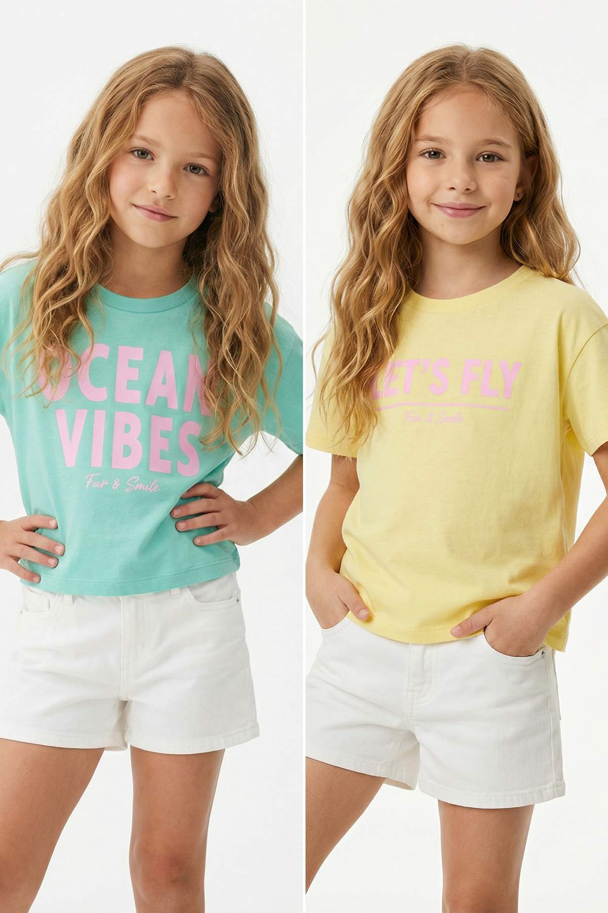 Trendyolmilla Kids Sarı-Yeşil 2'li Kız Çocuk Baskılı Örme T-Shirt TKDSS26TS00053