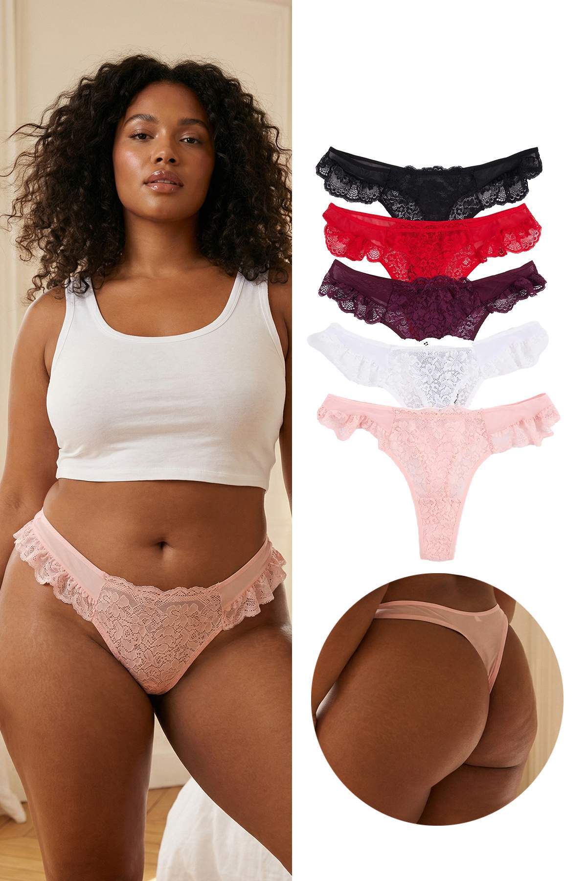 Trendyol Curve Mehrfarbige 5er-Packung Tanga-Strickhöschen mit Tüll-Spitzende...