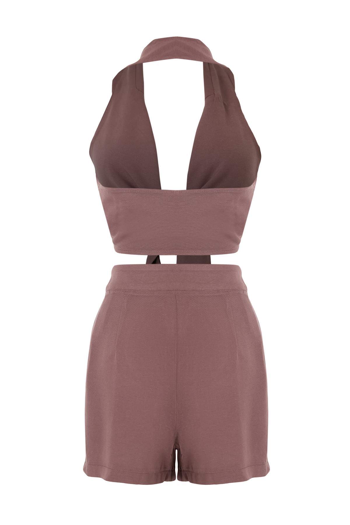 Trendyolmilla  Koyu Kahverengi Dokuma Bağlama Detaylı Plaj Mini Yüksek Bel Bluz-Şort Takım TBESS21AU0298 - Görsel 6