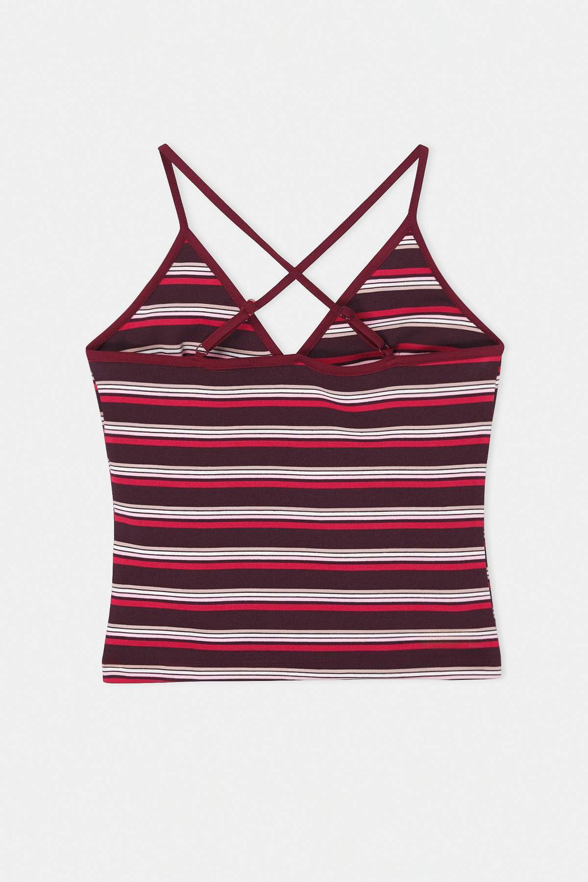 Trendyolmilla  Bordo Çizgili Fitted/Vücuda Oturan V Yaka İnce Askılı Kolsuz Pamuk Ribana Örme Bluz TWOSS26BZ00383 - Görsel 2