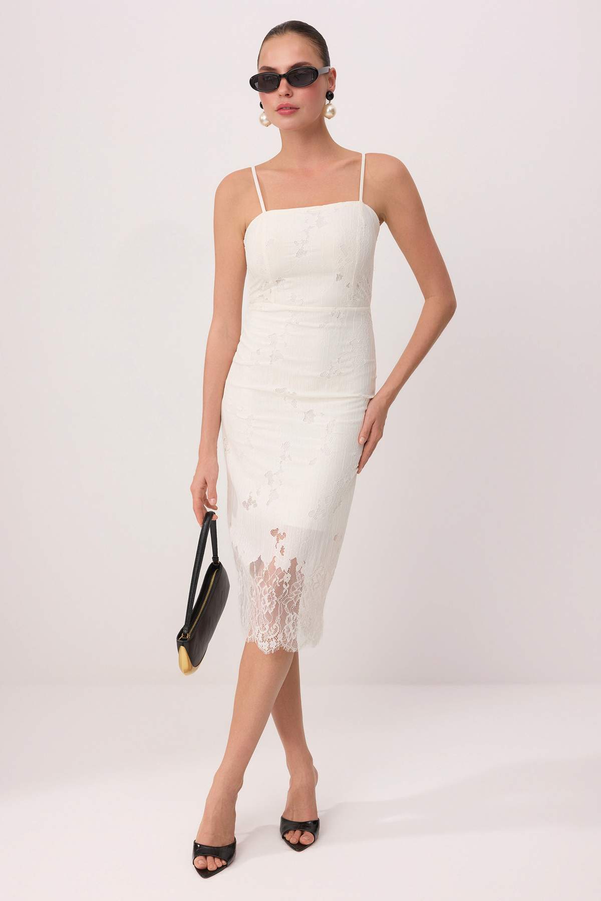 Trendyolmilla  Beyaz Düz Örme Dantel Midi Astarlı Kokteyl Elbise