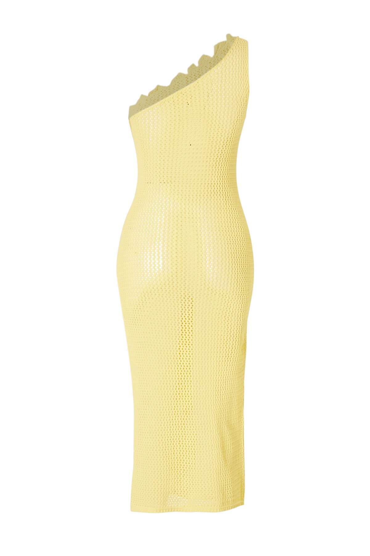 Trendyolmilla  Sarı Triko Tek Omuz Çiçek Aplikeli Plaj Elbisesi TBESS26EL00052 - Görsel 5