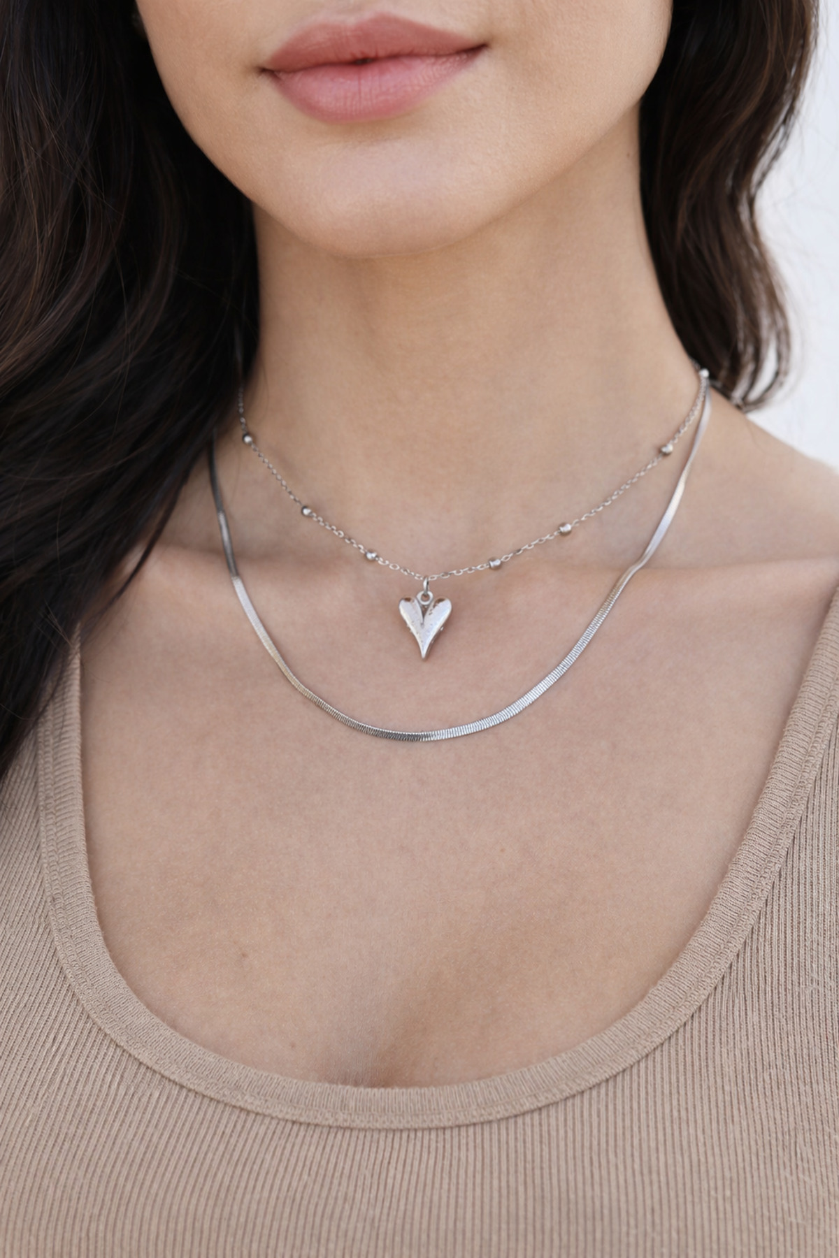 Double Chain Heart Necklace Set Silver - Elegant Women's Jewelry with Layers