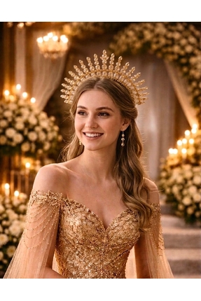 Milena Collection Gold After Party Tasarım Gelin Tacı – Kına Nişan Düğün Tacı