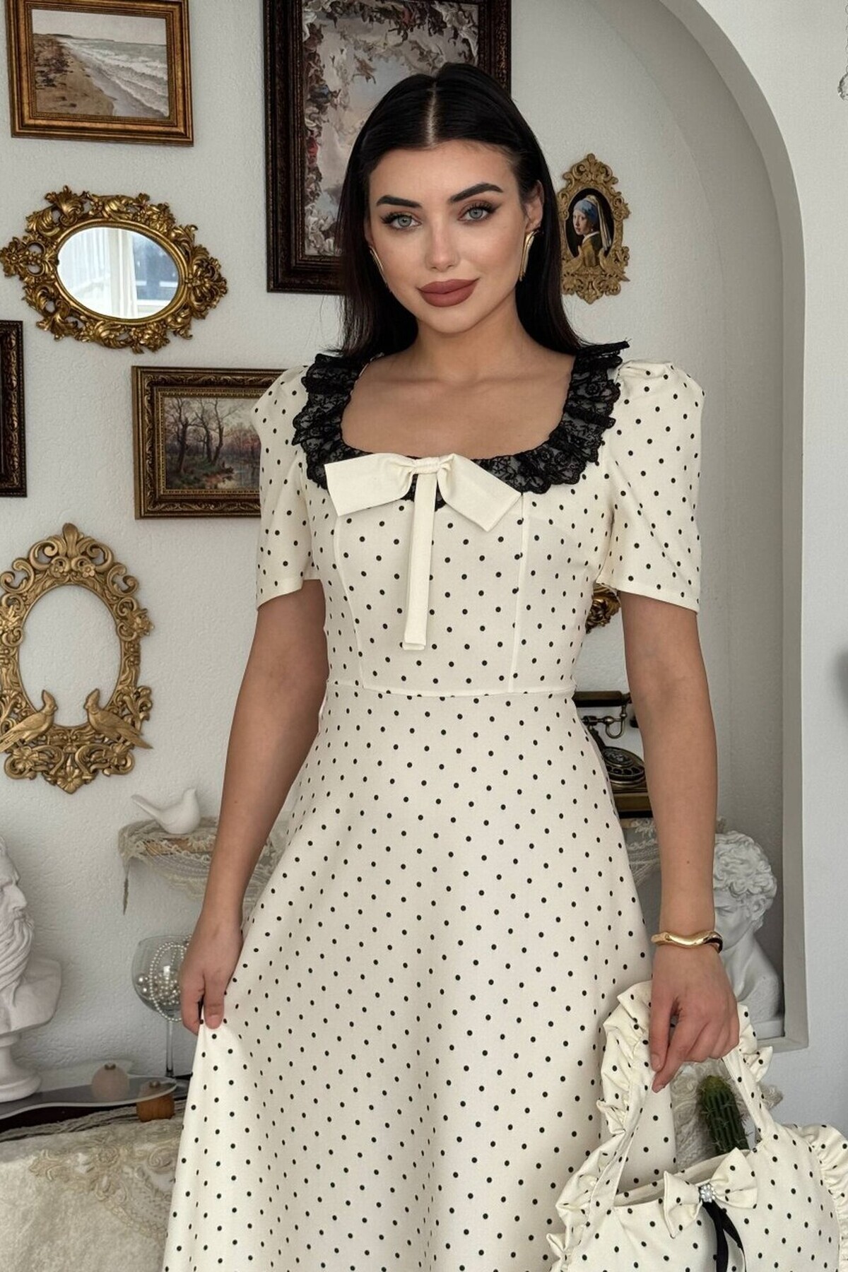 Premium Polka Dot Dress with Square Neck Bow and Lace Detail