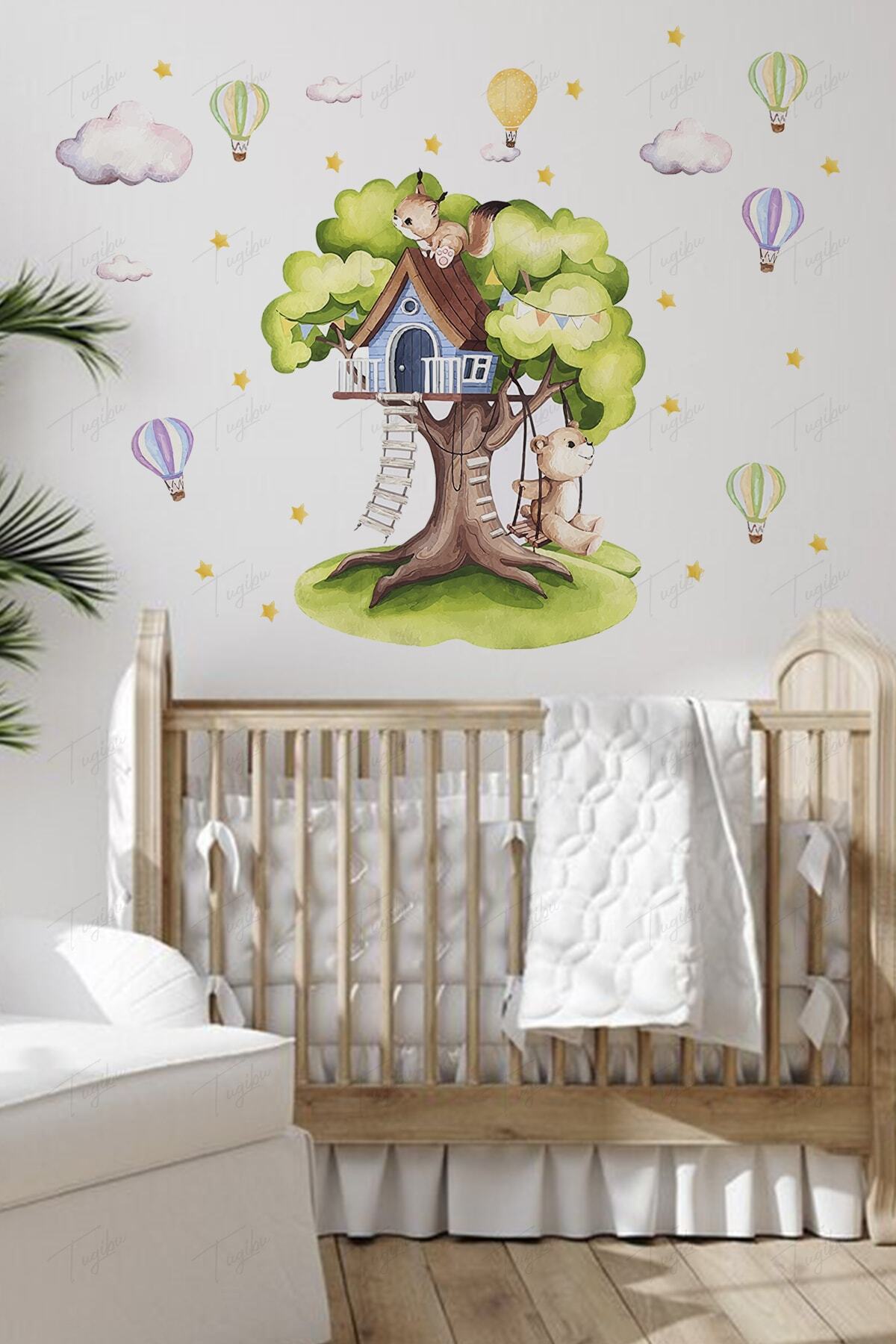 TUGİBU Ağaç Ev Çocuk Odası Duvar Sticker, Sevimli Orman Duvar Süsü, Uçan Balonlar ve Ağaç Sticker Seti fotoğrafı 2 (önizleme)