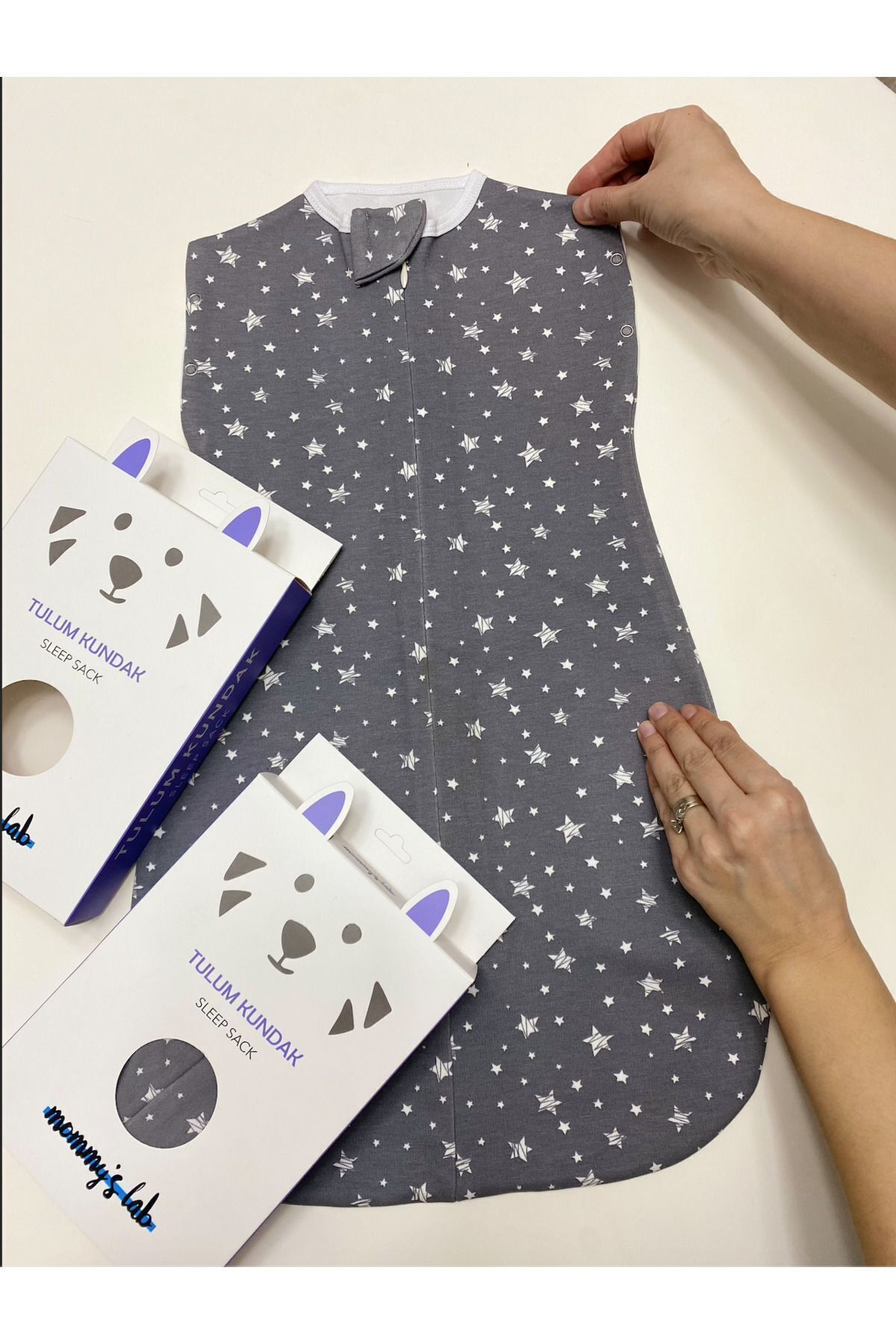 Mommyslab 0-4 Ay Yeni Sezon Renkli Gri Yıldız Desenli Çıtçıtlı Fermuarlı Tulum Kundak (OEKO TEX CIF BELGELİ) fotoğrafı 3 (önizleme)