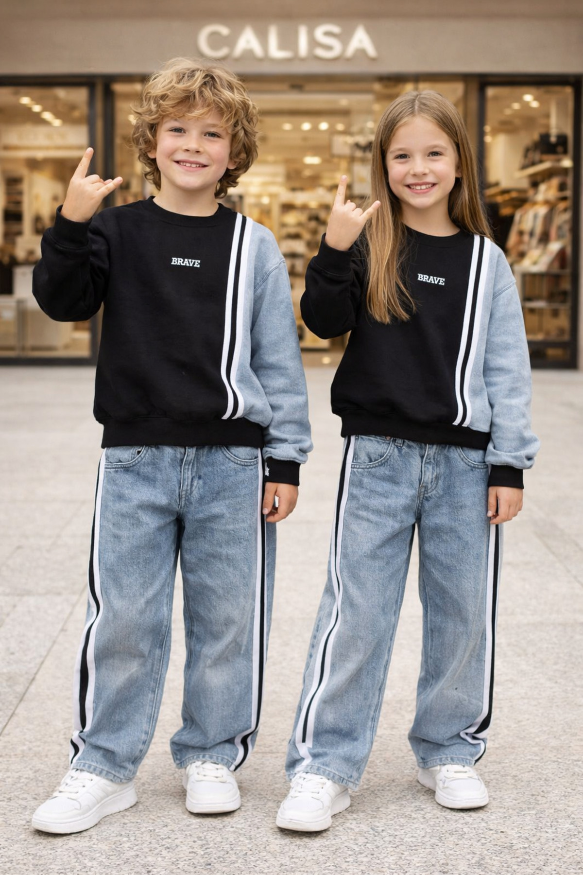 Girl Boy 2-Piece Set | Denim Detailed Sweat & Trousers | Eid Elegant-Sibling Combination