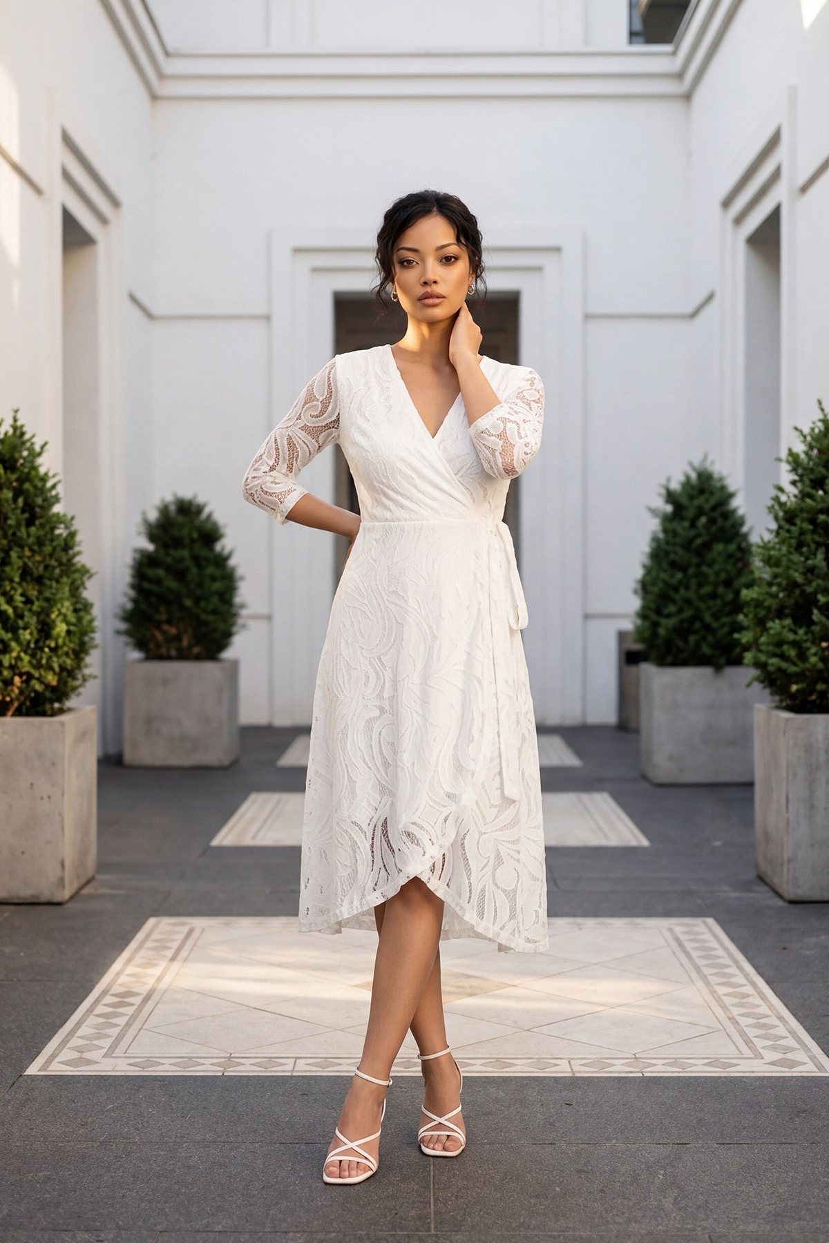 Wrap Collar Lined Anvelop Lace Dress Slim Fit