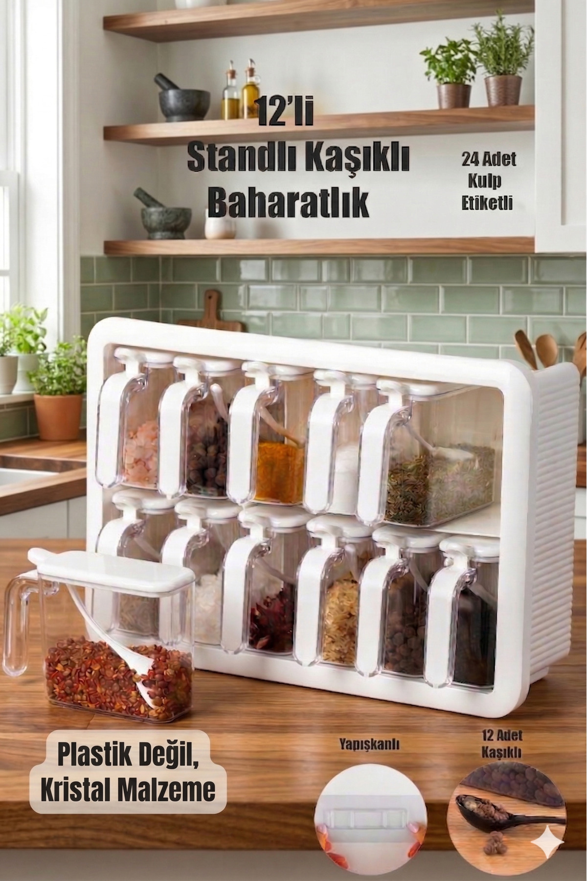 12-Piece Self-Adhesive Spice Holder Set with Spoon and Label and Lid with Stand