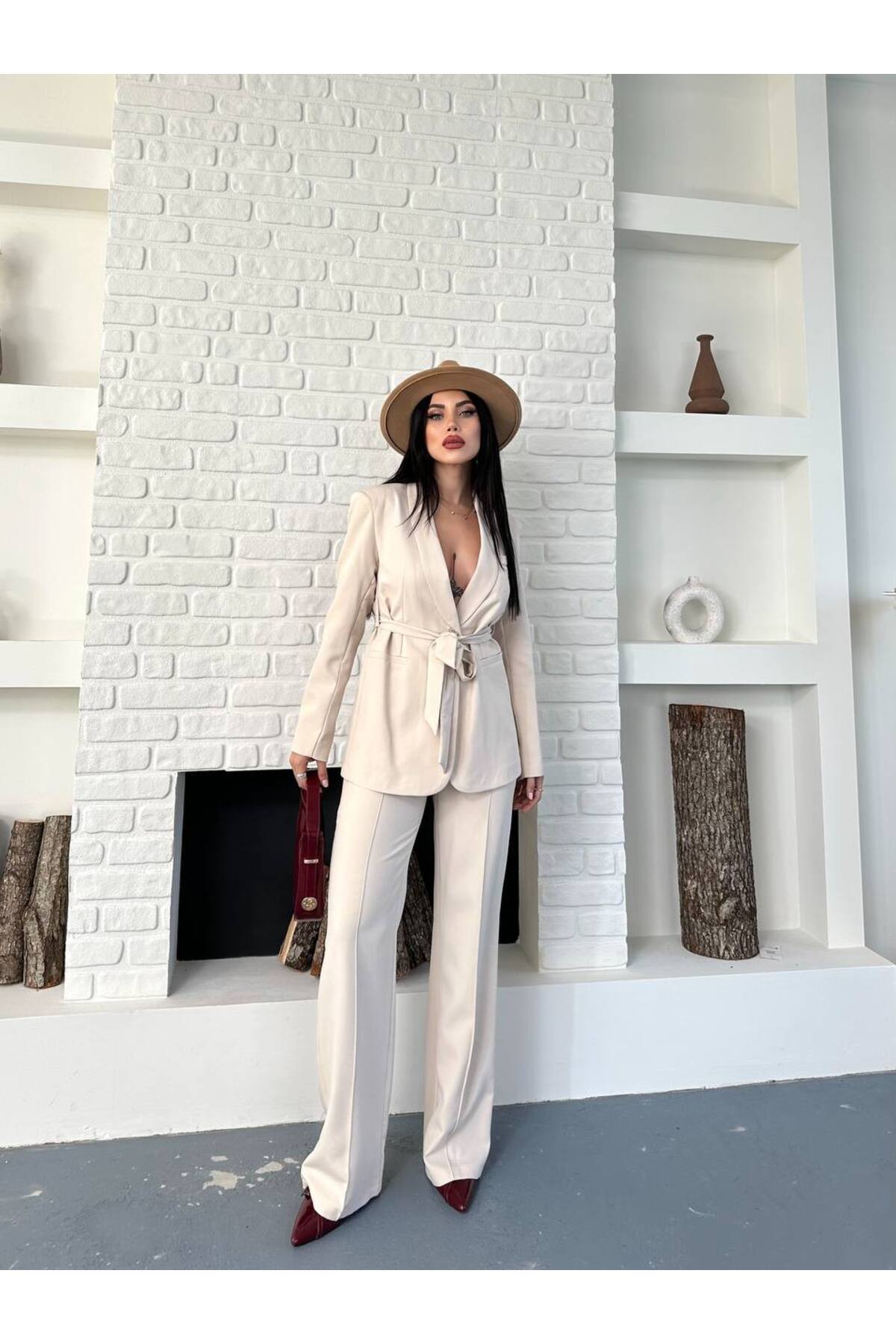 Damen Blazer-Hose-Set mit Gürtel, Steinfarben - Görsel 5