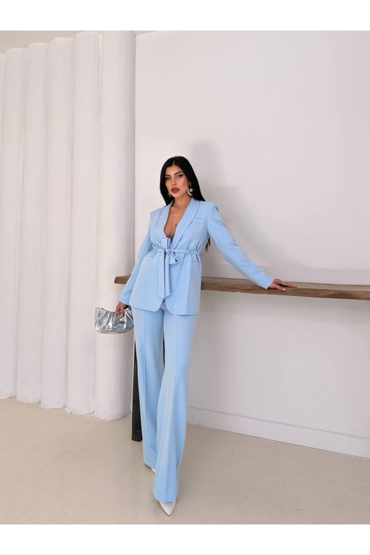 Ensemble Blazer et Pantalon Ceinturé pour Femme Bleu Clair - Görsel 7