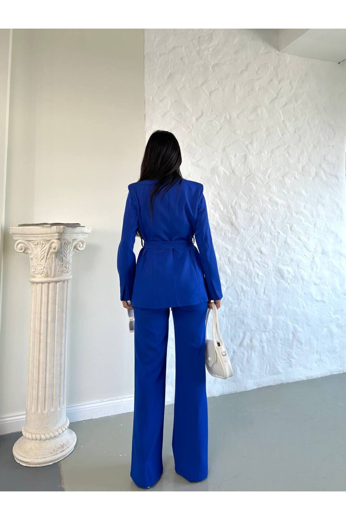 Ensemble Blazer et Pantalon Ceinturé pour Femme Bleu Clair - Görsel 16